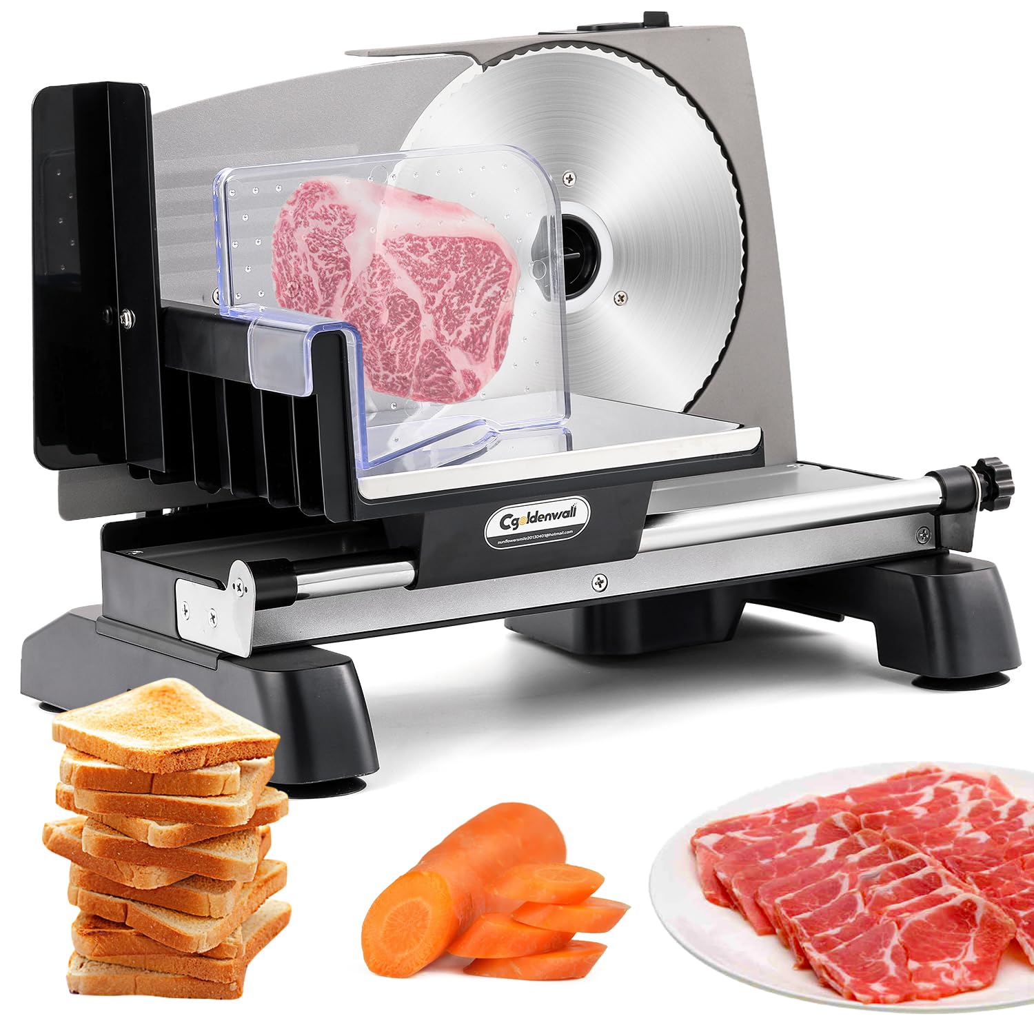 CGOLDENWALL Electric Meat Slicer - 200W Commercial Food Slicer with 2 Stainless Steel Blades, 0-18mm Adjustable Thickness for Frozen Meat, Cheese, Deli & BBQ - Perfect for Home Kitchen, Restaurants, and Catering Services (110V, Child Safety Lock)