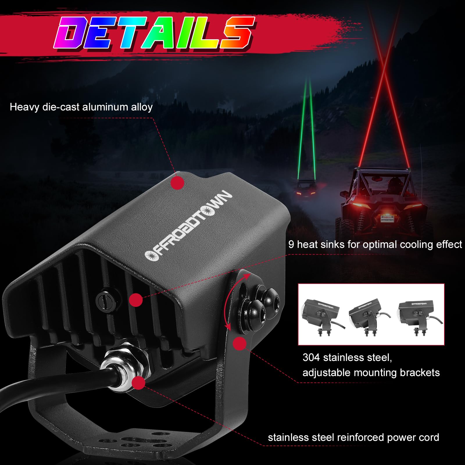 OFFROADTOWN RGBW LED Whip Light with Remote Control - Waterproof Off-Road Light Bar for ATV, UTV, Motorcycle, Truck & Golf Cart - Multi-Color Chase Lighting for Night Riding, Camping & Off-Road Adventures