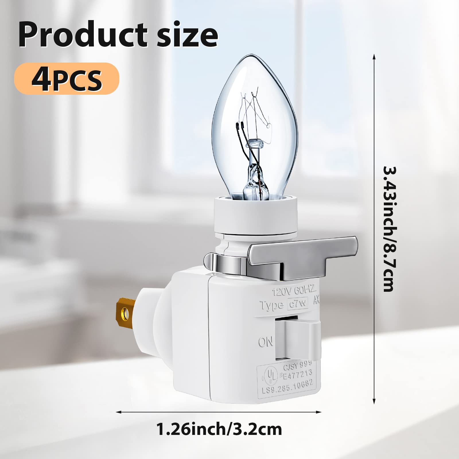 Fabbay 4-Pack Plug-in Night Lights with 7W E12 Bulbs - 120V Wall Outlet Nightlight with Metal Clips (White) - Perfect for Bedrooms, Hallways, and Nurseries