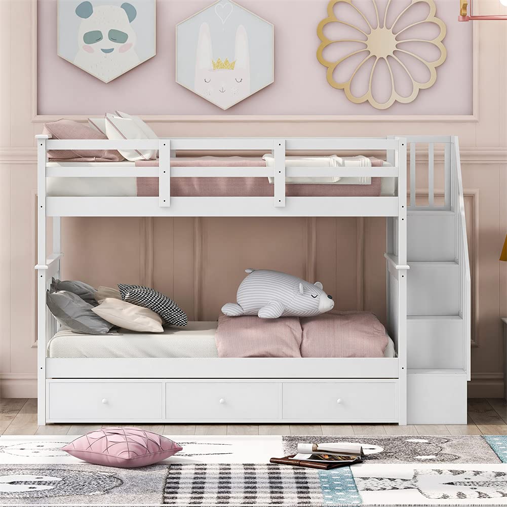 Twin Over Twin Bunk Bed with 3 Drawers & Staircase - Solid Wood Loft Bed for Kids, Teens, Dorm Rooms - White Space-Saving Bunk Bed with Ample Storage - Perfect for Small Bedrooms, Guest Rooms & Shared Kids' Rooms