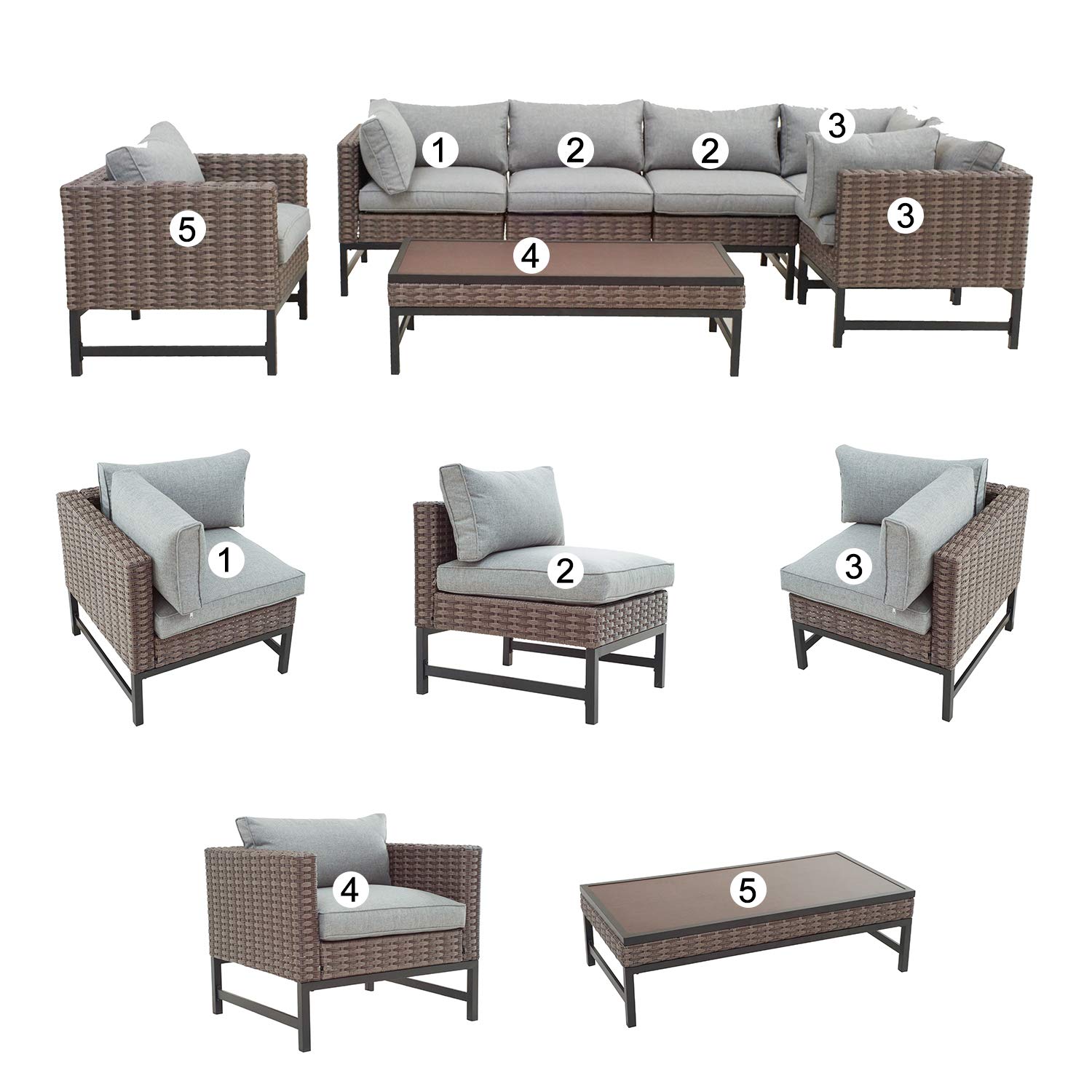 7-Piece Patio Outdoor Furniture Conversation Set - All-Weather Brown Wicker Sectional Sofa with Coffee Table & Thick Cushions for Backyard, Garden, Poolside (Grey) | Durable Manual Weaving Wicker Chairs | Perfect for Outdoor Entertaining & Relaxation