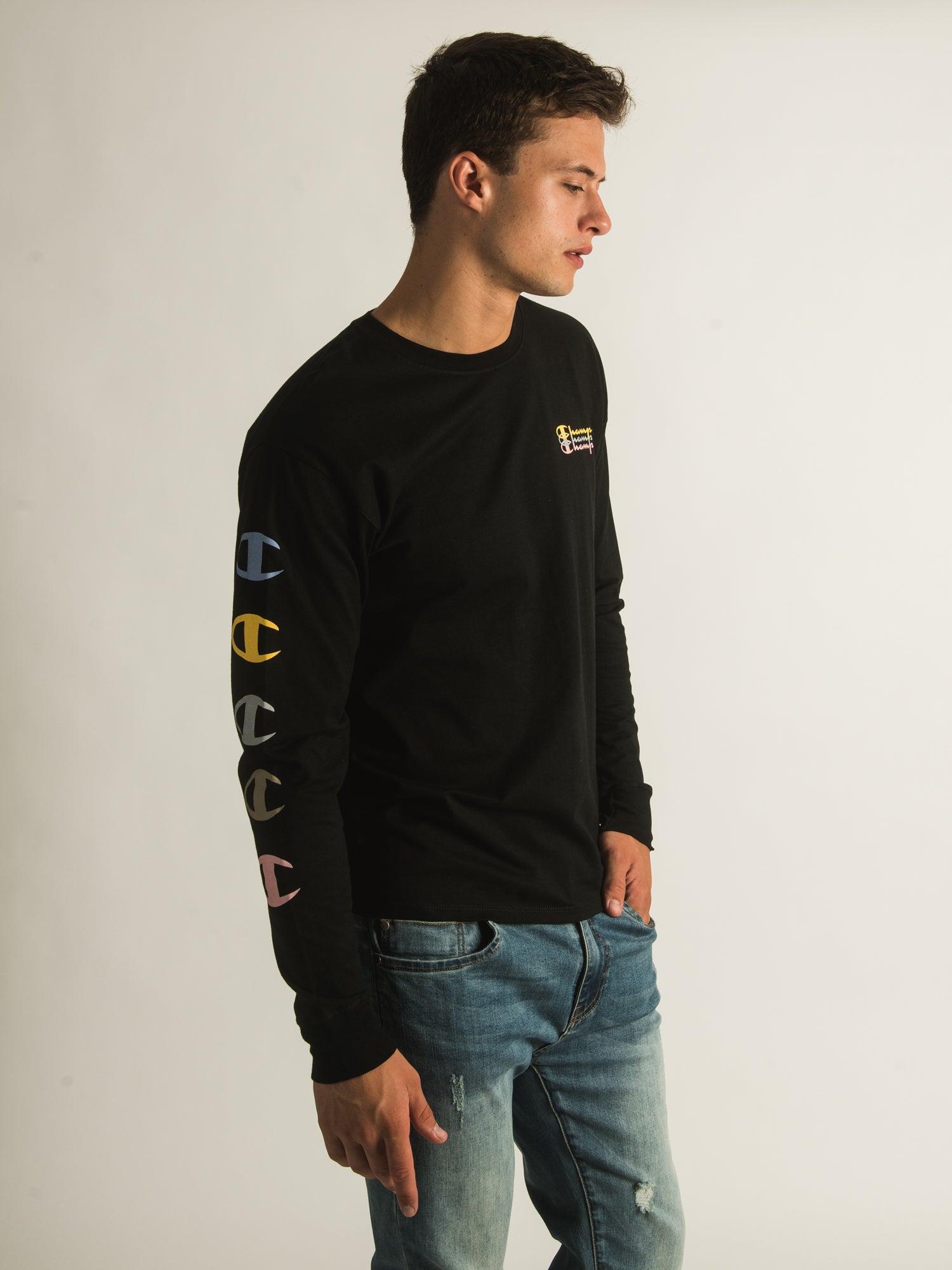 Champion Classic Triple Script Long Sleeve T-Shirt - Men's Casual Comfort Fit Cotton Top for Everyday Wear | Gym, Lounge & Street Style Outfits