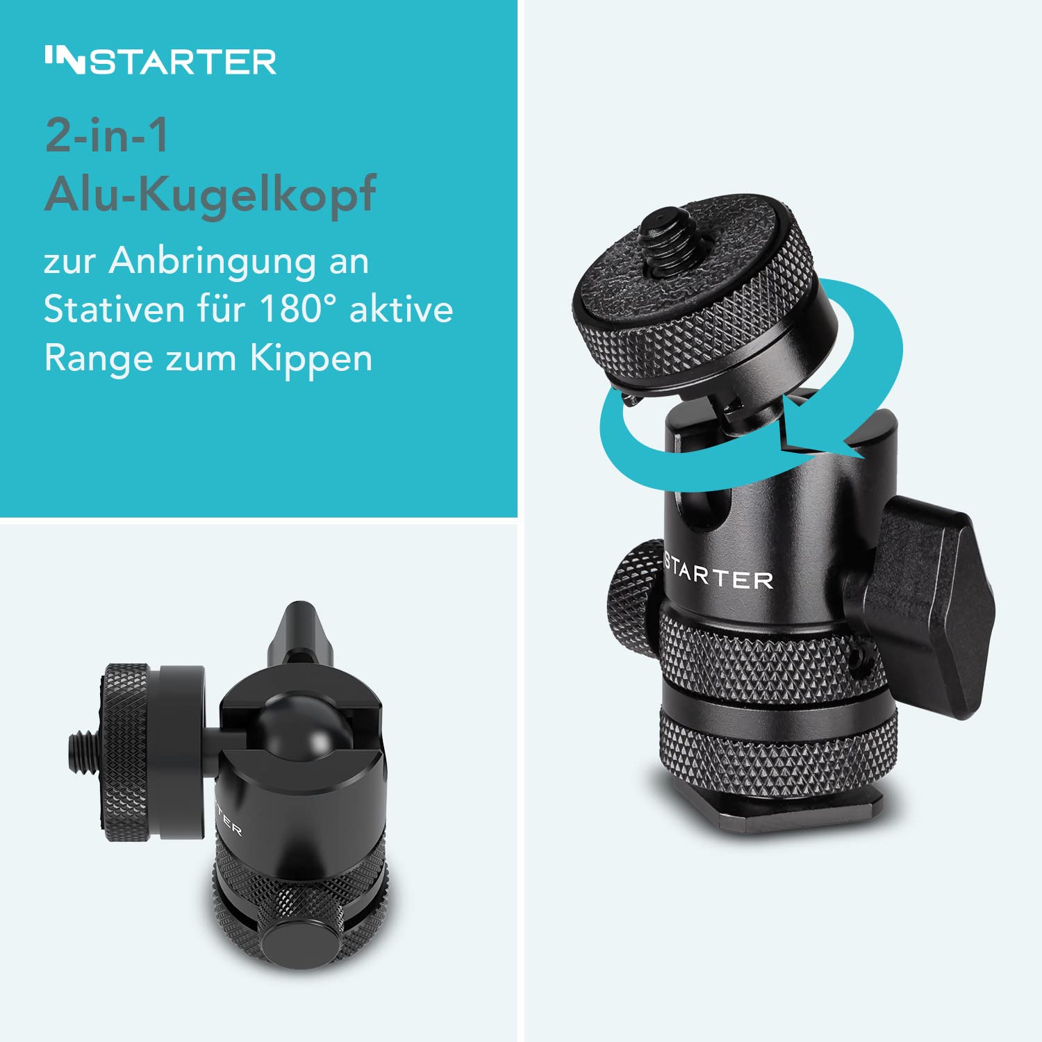 Instarter 2-in-1 Ball Head Mount with Hot Shoe & 1/4 Inch Screw - Universal Camera Tripod Head for DSLR, Mirrorless, LED Lights & Accessories - 180° Tilt Adjustment & 5kg Load Capacity - Durable Aluminum Flex Mount - Perfect for Photography, Videography & Studio Lighting Setups