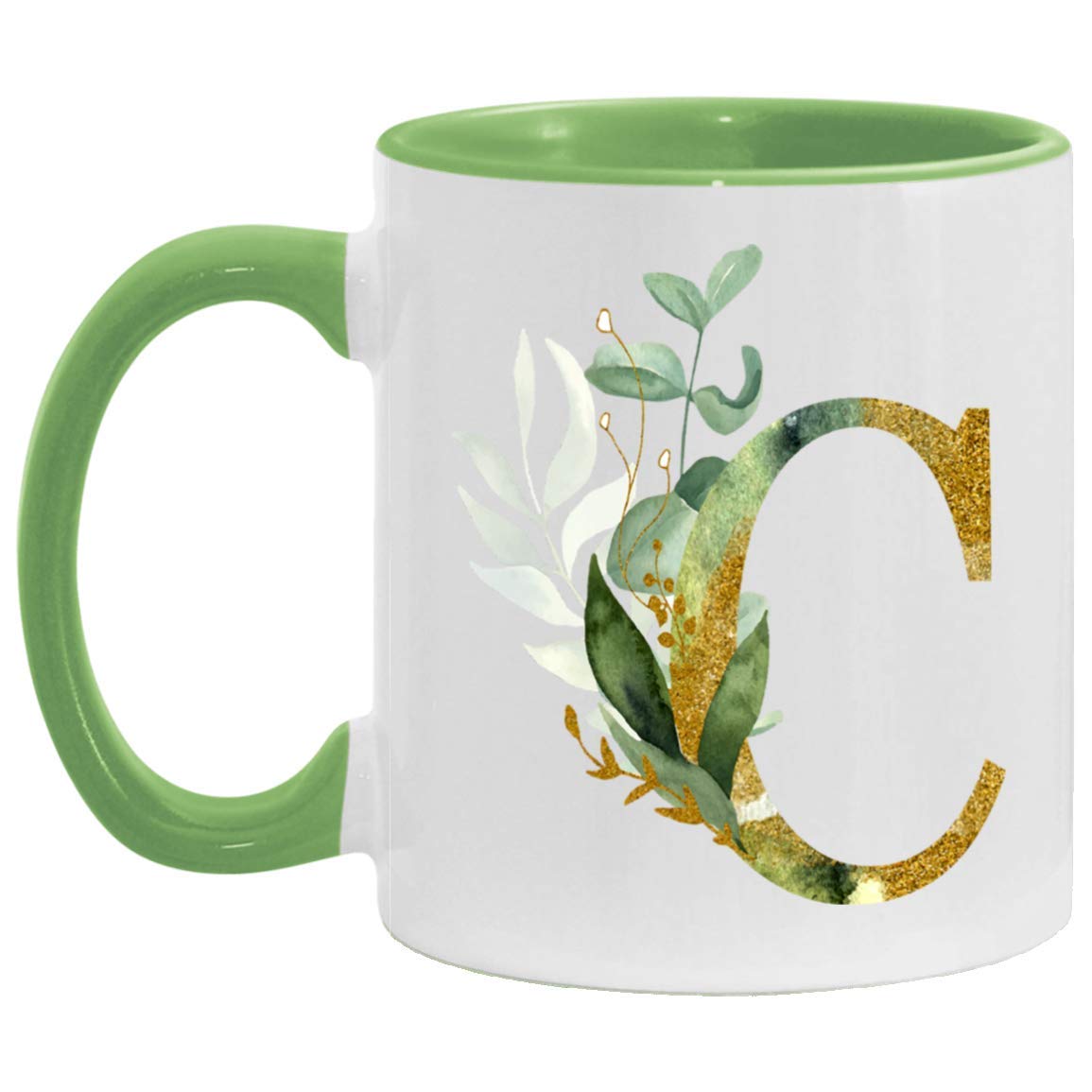 Personalized Monogram Mug with Gold Floral Letter C - Custom Coffee Cup for Women, Birthday, Christmas & Mother's Day Gift - Elegant Green Ceramic Mug for Home, Office & Coffee Lovers