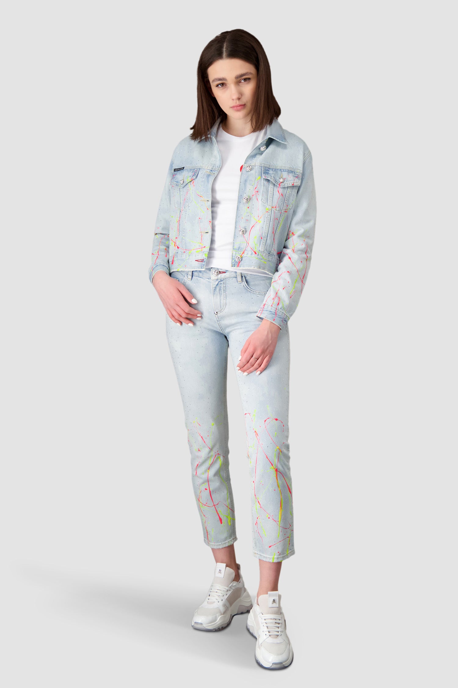 Philipp Plein Painted Denim Jacket for Men - Distressed Vintage Style Denim Coat with Artistic Paint Design | Perfect for Streetwear, Casual Outfits & Night Out Looks