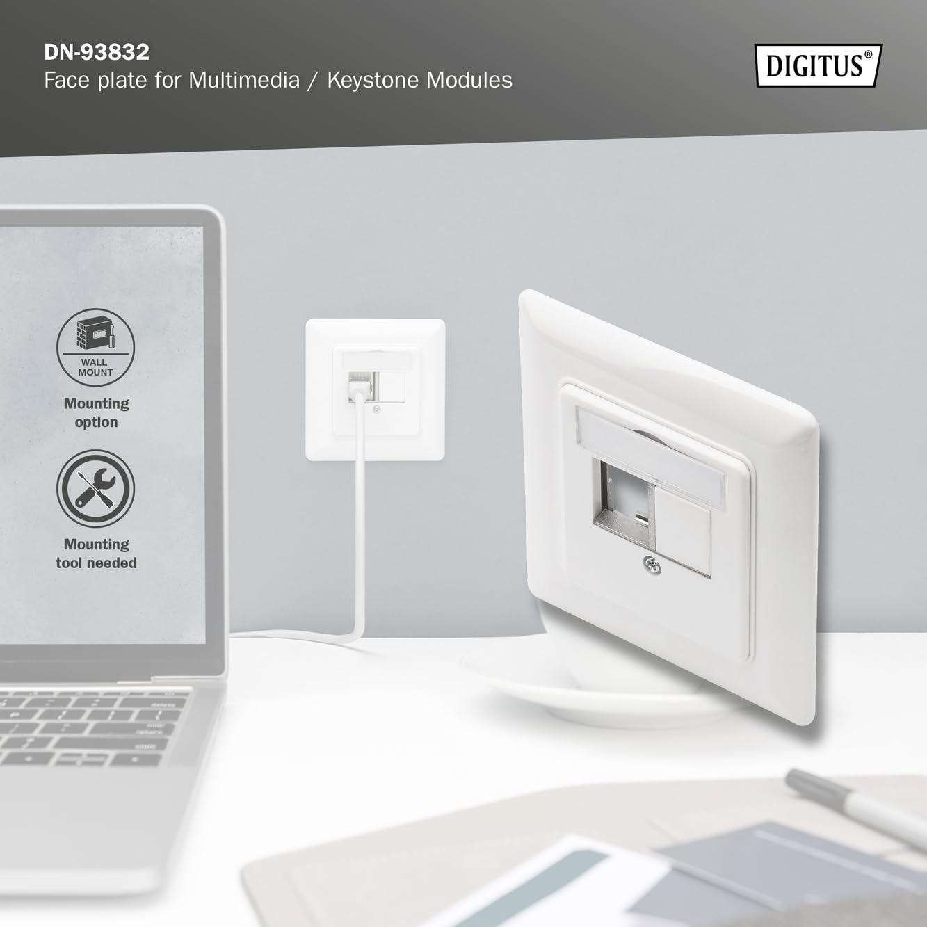 Digitus 2-Port Keystone Module Junction Box - Straight Outlet for Multimedia Modules - White - Ideal for Home & Office Network Setups