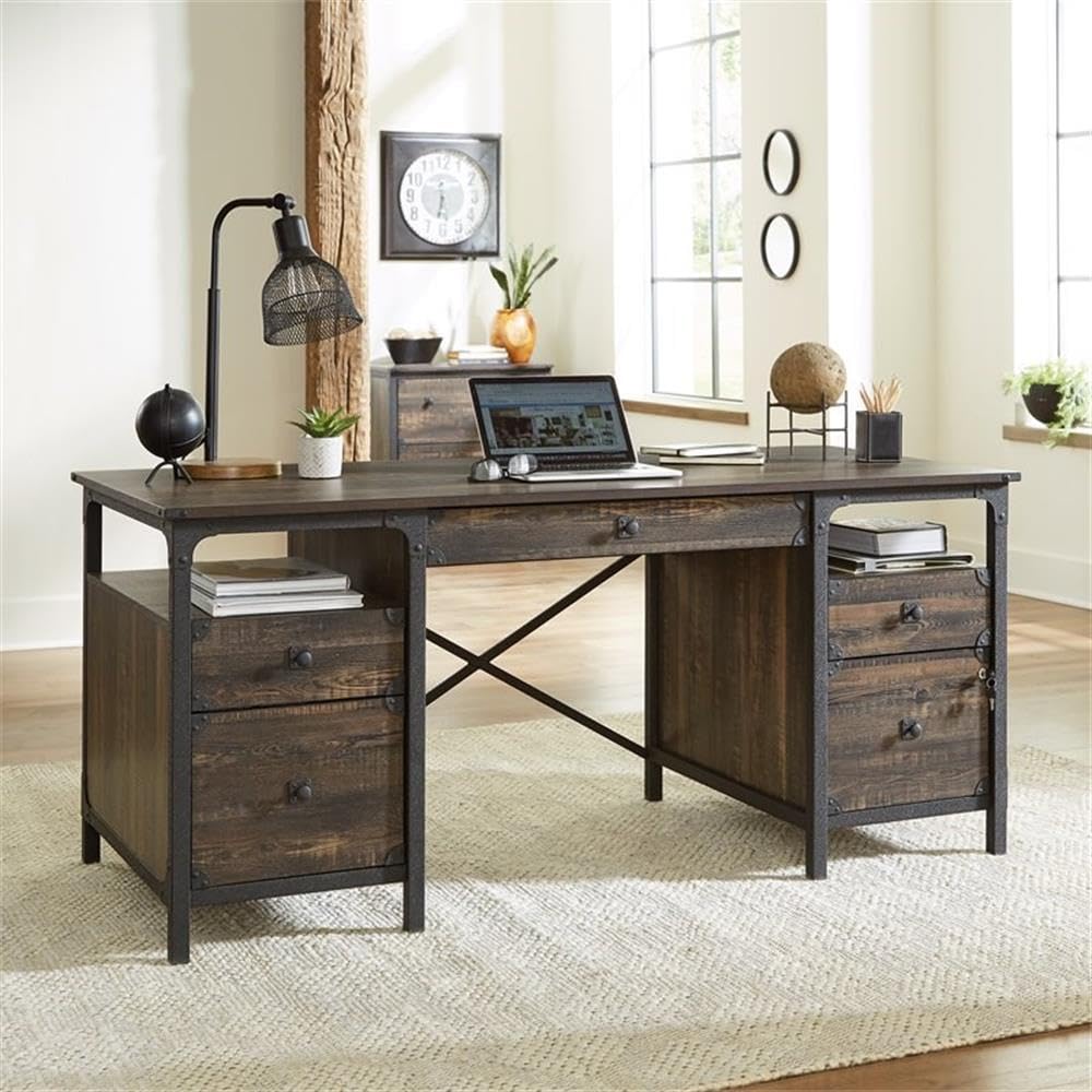 Sauder Carell Double Pedestal Executive Desk - Engineered Wood Carbon Oak Finish - Home Office & Business Workspace Desk for Professionals