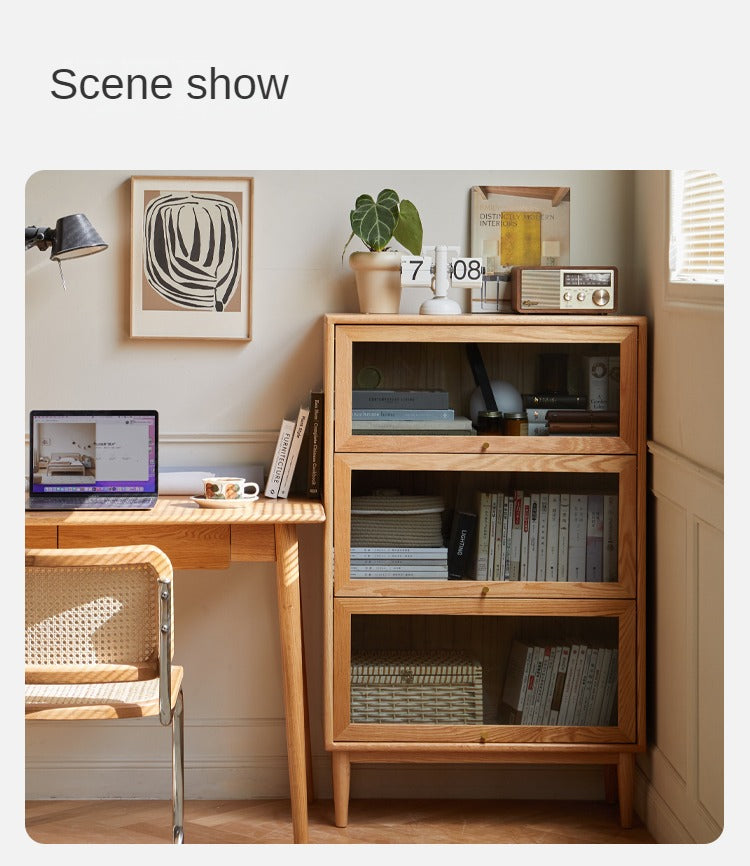 Premium Oak Solid Wood Multi-Layer Flip Door Glass Bookcase - Stylish Home Office Library Storage for Books, Decor & Collectibles