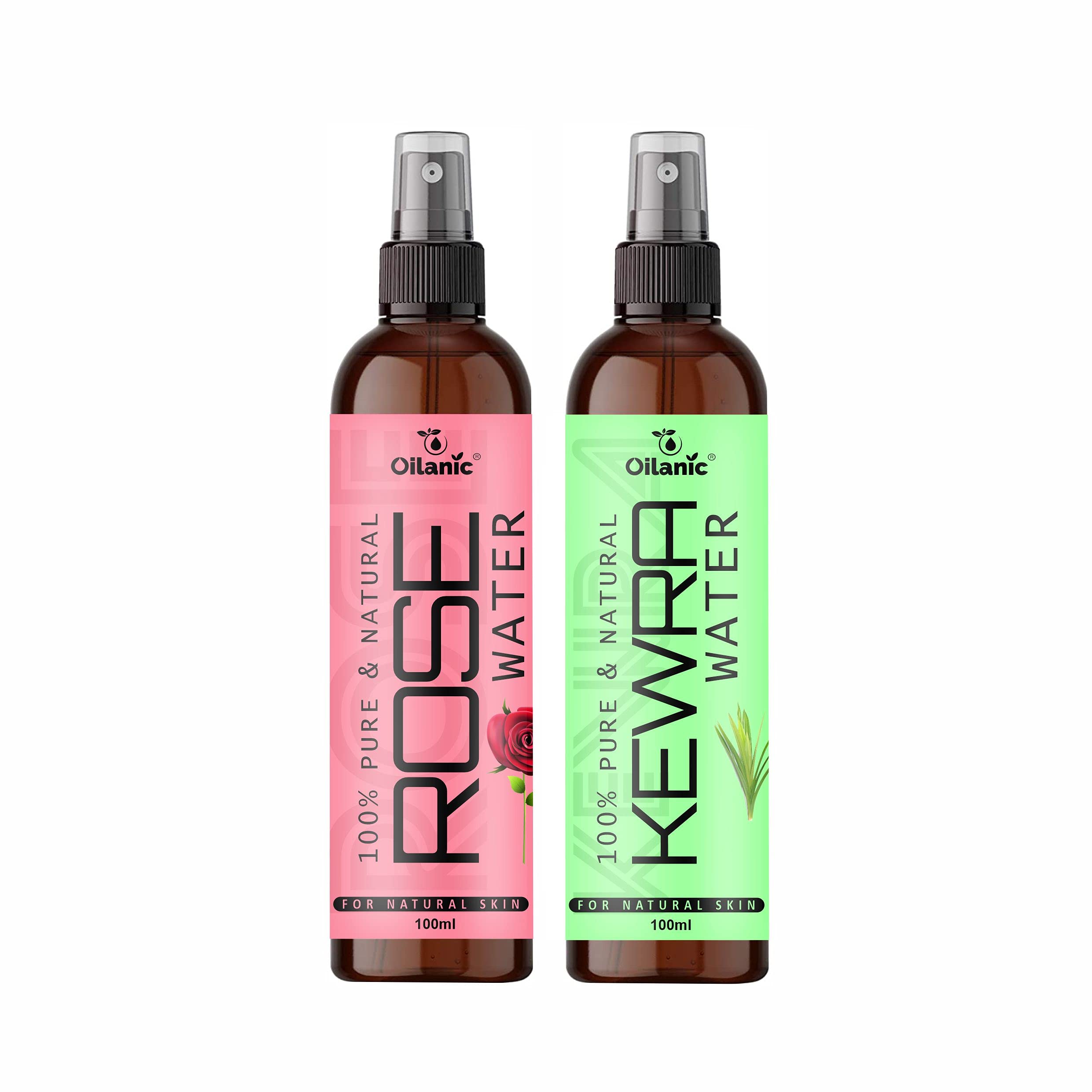 Oilanic Premium Rose Water & Kewra Water Combo Pack - 2 Bottles (100ml Each, Total 200ml) for Men & Women | Hydrating Facial Toner, Aromatherapy & Skincare