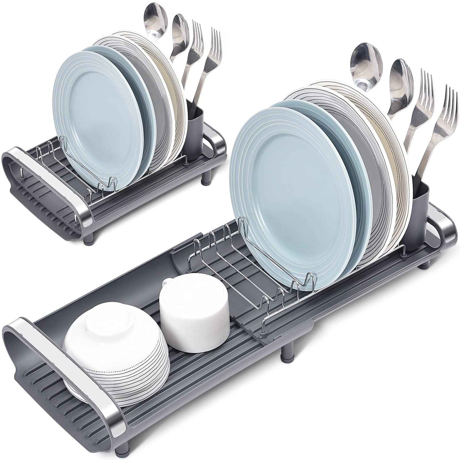 Stainless Steel Expandable Dish Rack with Removable Cutlery Holder - Compact Anti-Rust Sink Drainer for Kitchen Countertop | Space-Saving Dish Drying Rack for Small Kitchens & Apartments