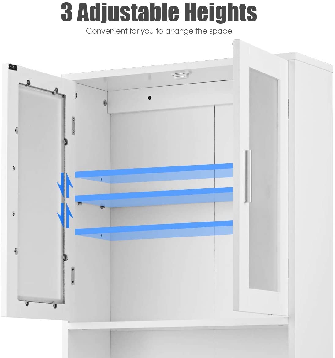 WATERJOY Over The Toilet Storage Cabinet - White Bathroom Organizer with 2 Tempered Glass Doors | Space-Saving Toilet Shelf for Bath Towels, Toiletries & Cleaning Supplies | Perfect for Small Bathrooms & Apartment Living