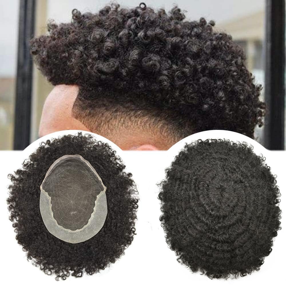 Afro Kinky Curly Toupee for Black Men - Human Hair Lace Front Wig - Natural 8mm Wavy Hair Replacement System for African American Men (Color 1B Off Black) | Perfect for Daily Wear, Special Occasions & Hair Loss Solutions