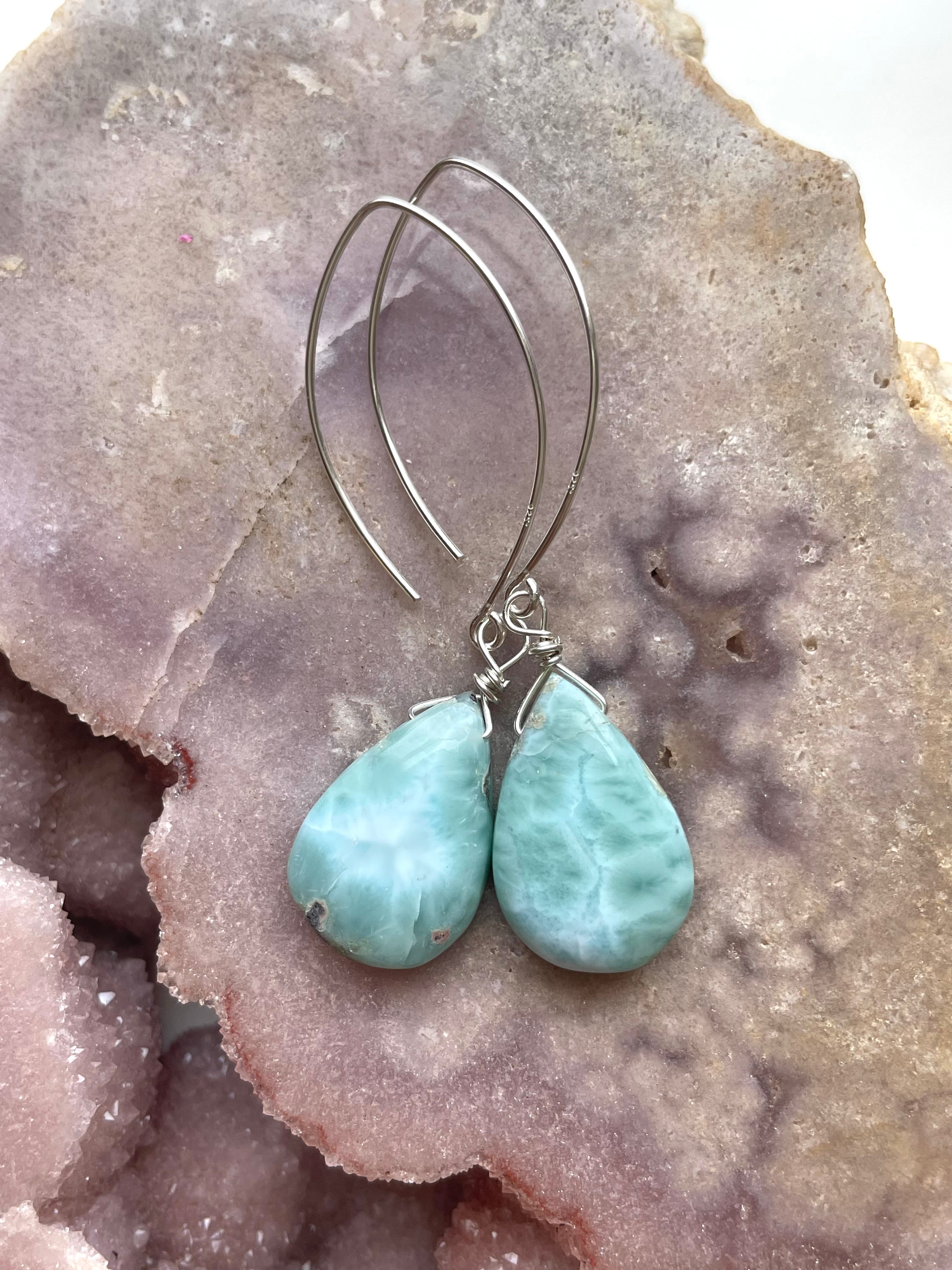 Long Larimar Earrings Dangle Sterling Silver – Handmade Gemstone Jewelry for Women, Boho Chic Accessories | Perfect for Weddings, Parties & Everyday Wear