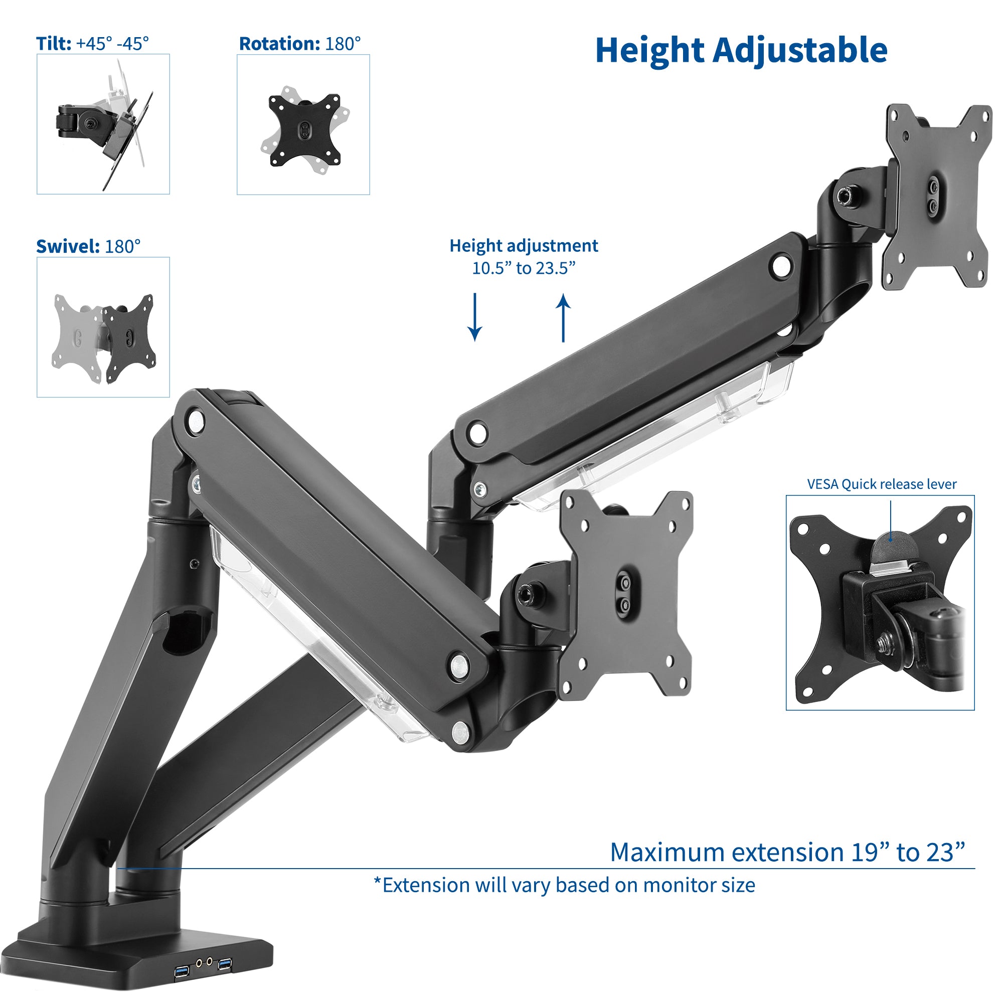 Dual Monitor Desk Mount Stand with Pneumatic Arm & USB Hub - Perfect for Home Office and Gaming Setup