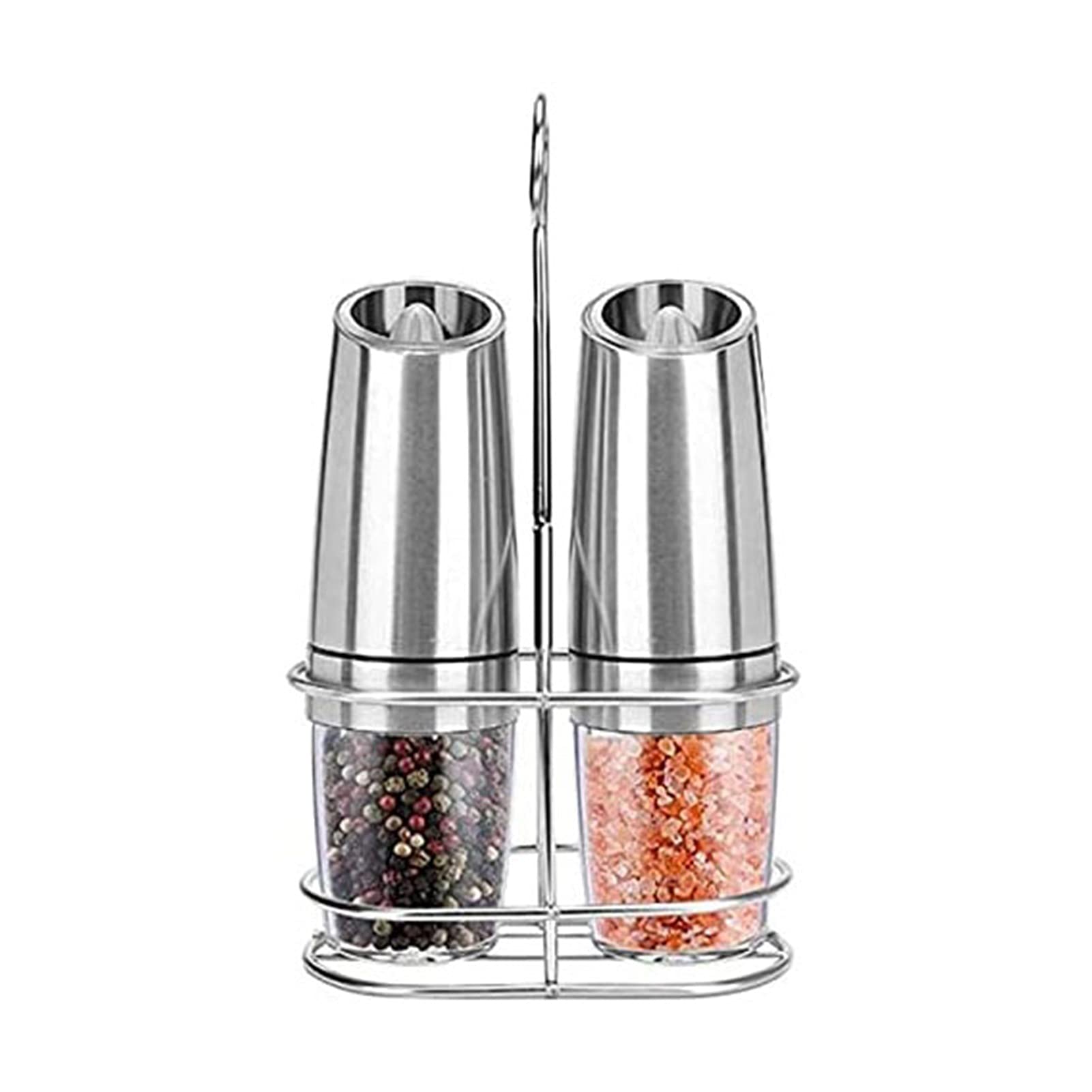 Premium Electric Salt and Pepper Grinder Set - Battery Operated Stainless Steel Mills with Adjustable Coarseness - Tall Power Shakers with Stand for Kitchen & Dining - Perfect for Cooking, BBQ, and Table Seasoning