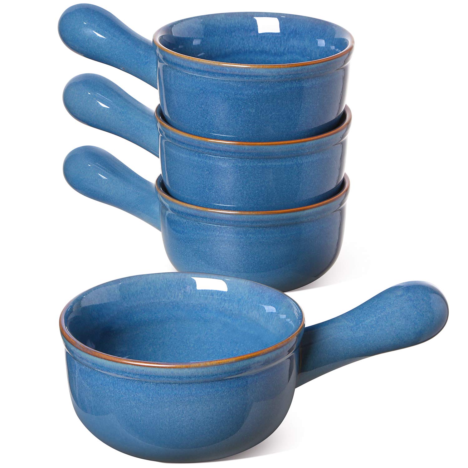 LE TAUCI 15 Oz Ceramic Soup Bowls with Handles - Oven Safe French Onion Soup Crocks Set of 4 - Ceylon Blue Reactive Glaze - Perfect for Stew, Chili, Pasta & Baking (Great for Dinner Parties & Family Meals)