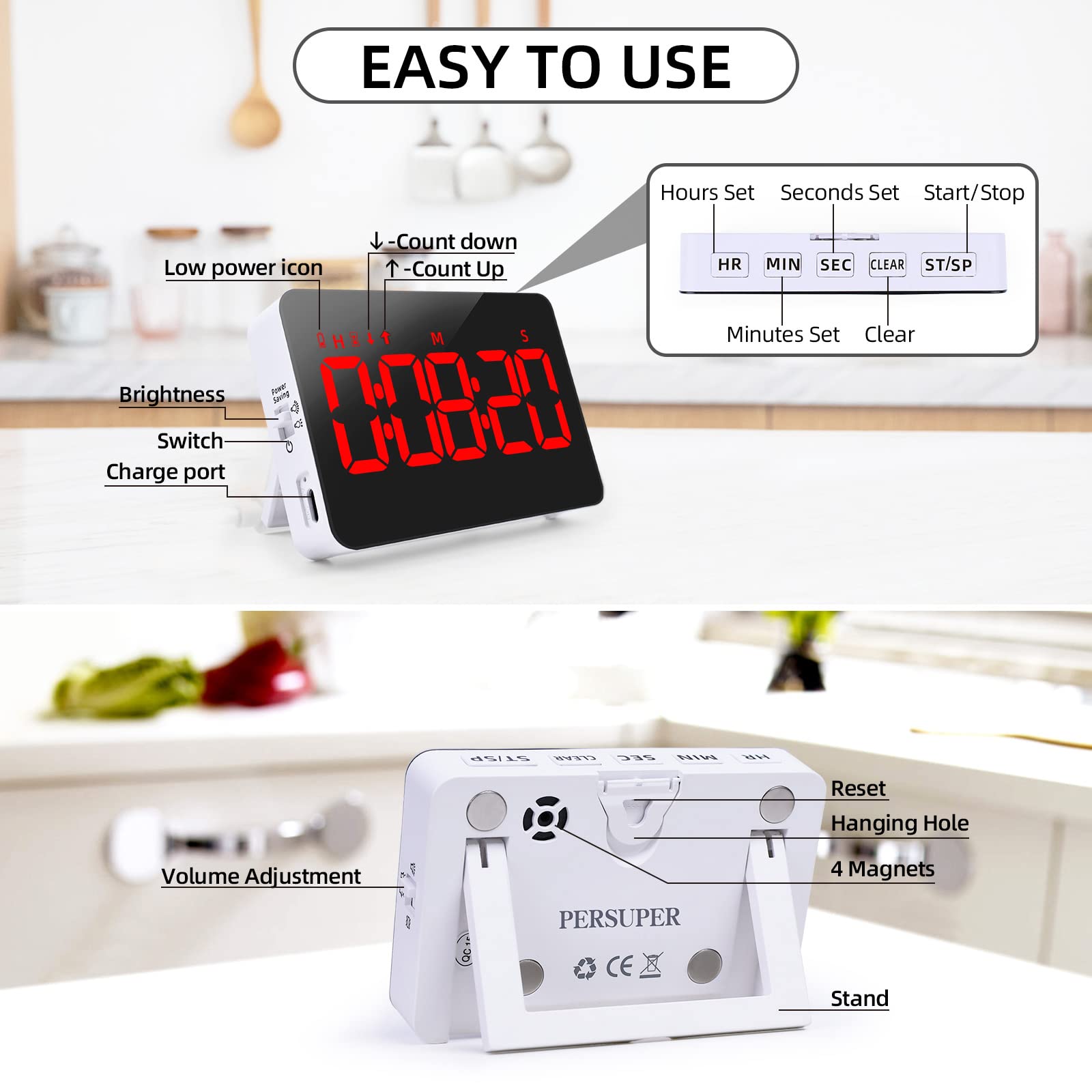 Rechargeable Digital Kitchen Timer with Countdown/Count Up, Vibration Mode, Adjustable Volume & LED Display - Perfect for Cooking, Baking, Study Sessions, Classroom Teaching & Time Management (Kids & Adults)