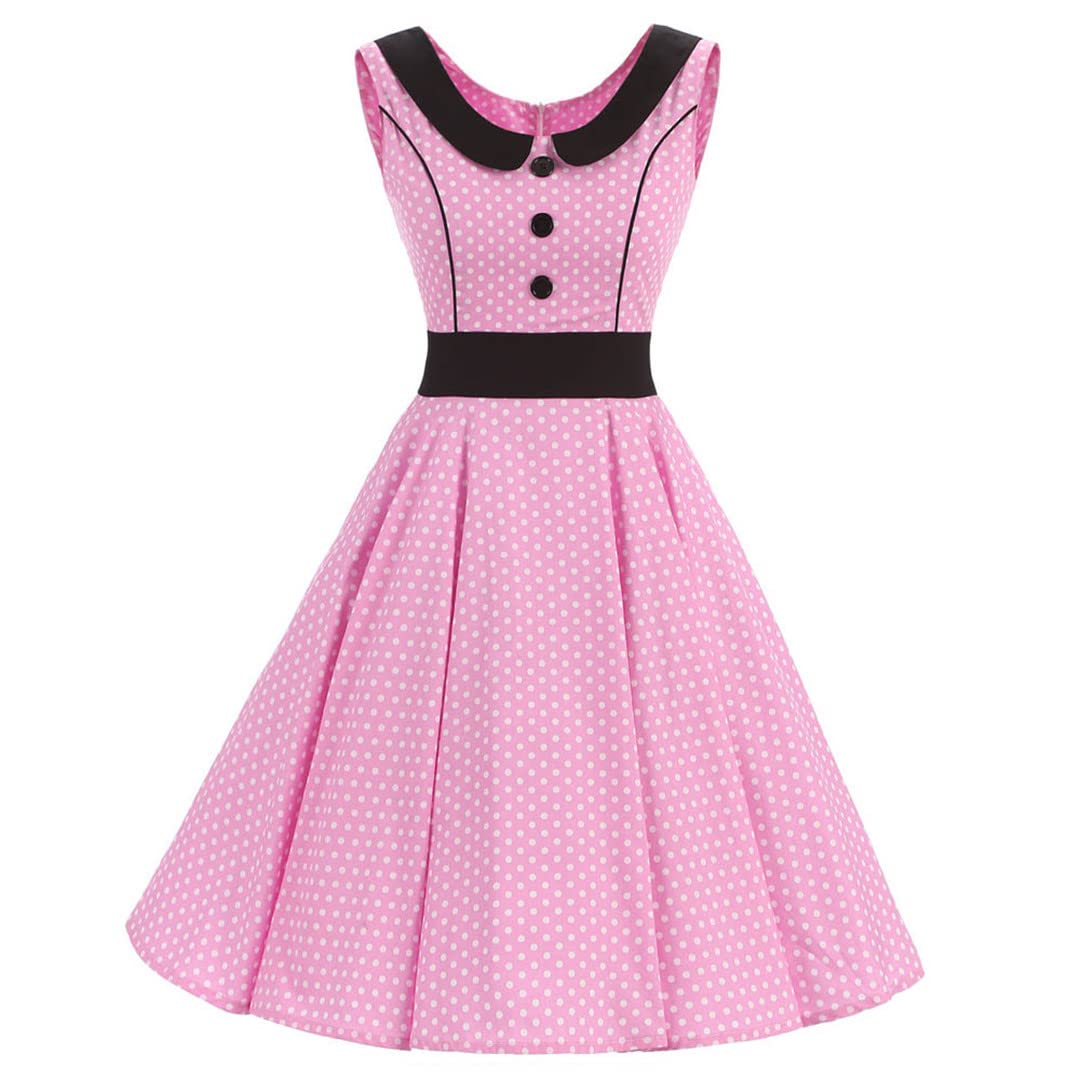 Women's Elegant Cotton Pink Polka Dot Dress - Sexy Party Swing Vintage Summer Dress for Casual Outings, Beach Vacations & Date Nights