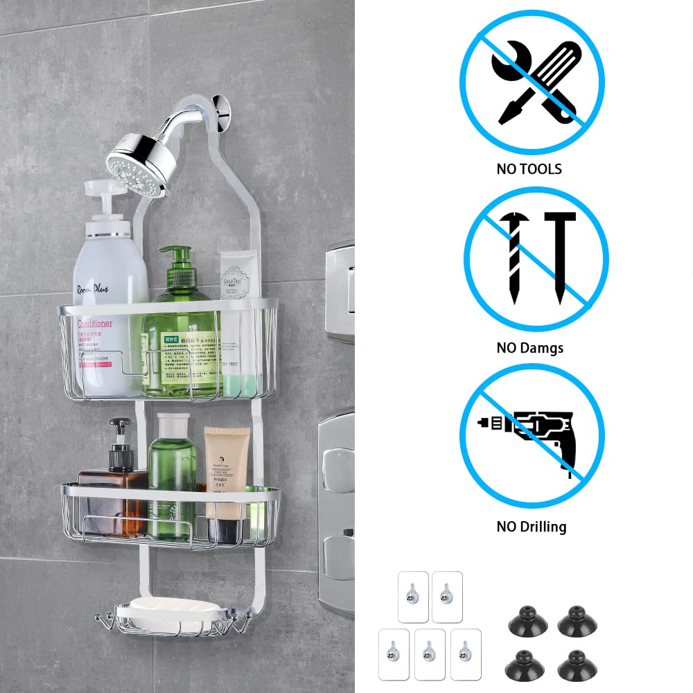 Rustproof Over the Shower Caddy Organizer with 2 Baskets & 4 Hooks - Perfect for Shampoo, Conditioner & Soap Storage - Bathroom Hanging Shower Shelf (Silver) - Ideal for Small Spaces, Dorm Rooms & Apartment Showers