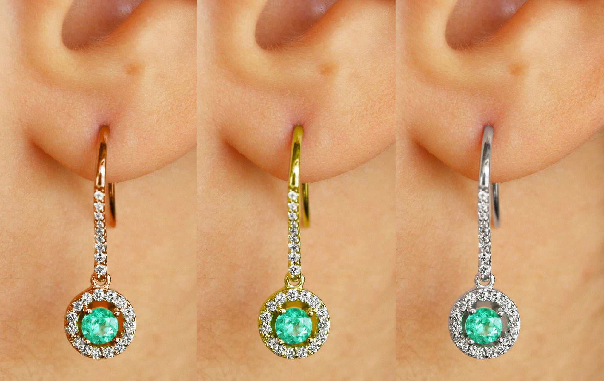 1.20tcw Genuine Emerald & Diamond Halo Dangle Earrings in 14K Gold - French Hook Style for Women, Perfect for Weddings, Parties & Special Occasions