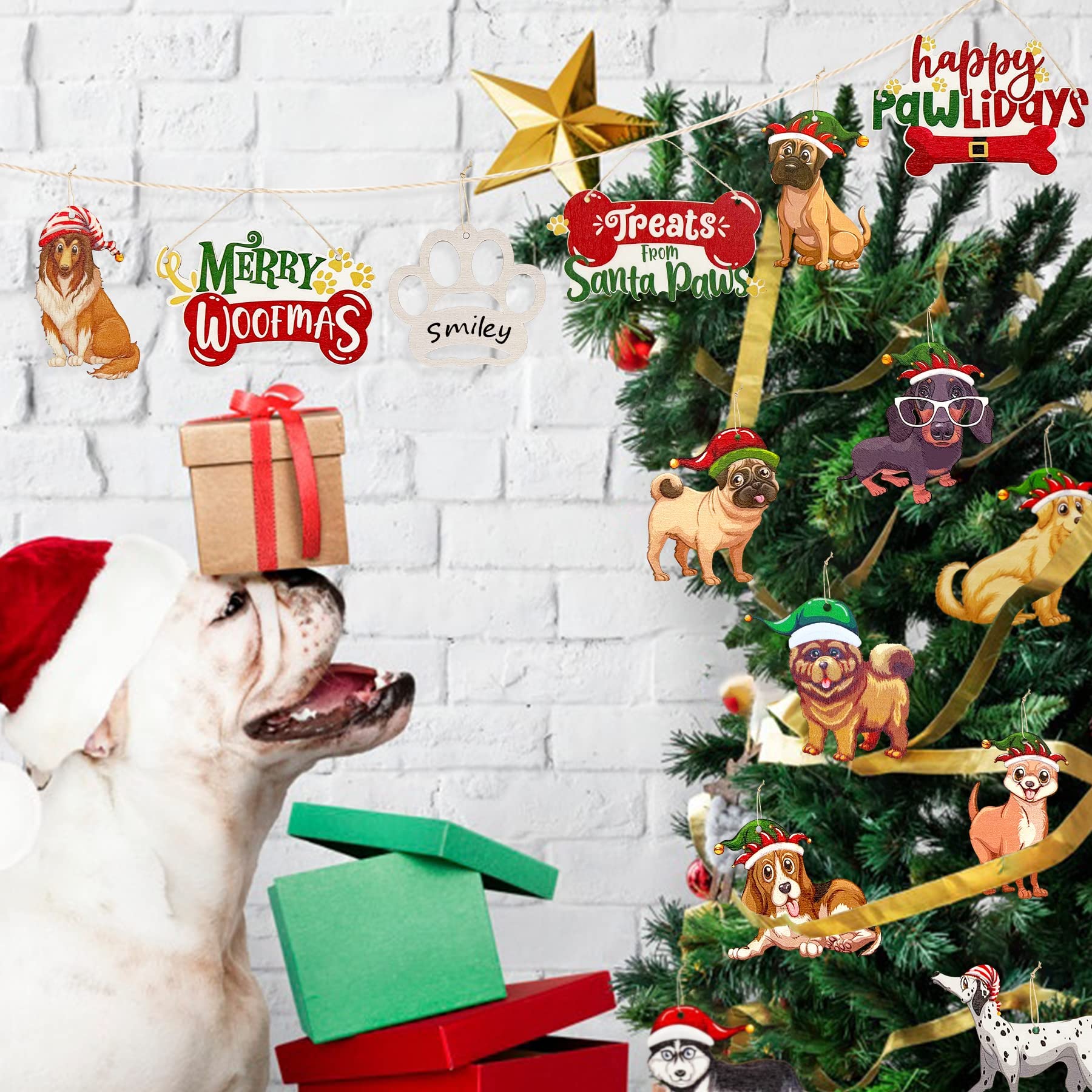 18Pcs Dog Christmas Tree Ornaments - Merry Woofmas Wooden DIY Puppy Paw & Holly Berry Bones Decor for Holiday Party | Pet Lover Gift, Xmas Home Decor, Dog-Themed Christmas Celebration