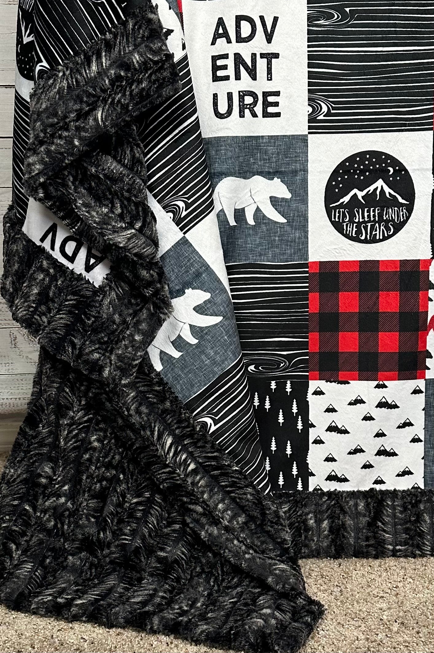 Premium Hawke Luxe Large 54x79 Minky Blanket - Soft & Cozy Red/Black/White Patchwork Design for Camping, Stargazing & Outdoor Adventures