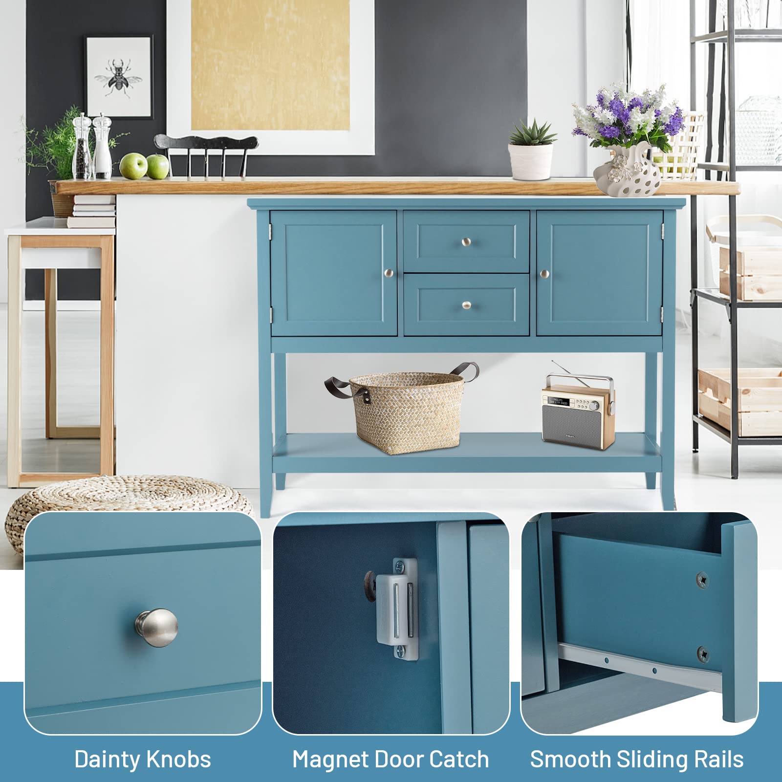 COSTWAY Buffet Sideboard with 2 Wood Storage Drawers & Open Shelf | Modern Console Table for Living Room, Kitchen & Dining Room Furniture | Blue Storage Cabinet for Home Organization & Entertaining