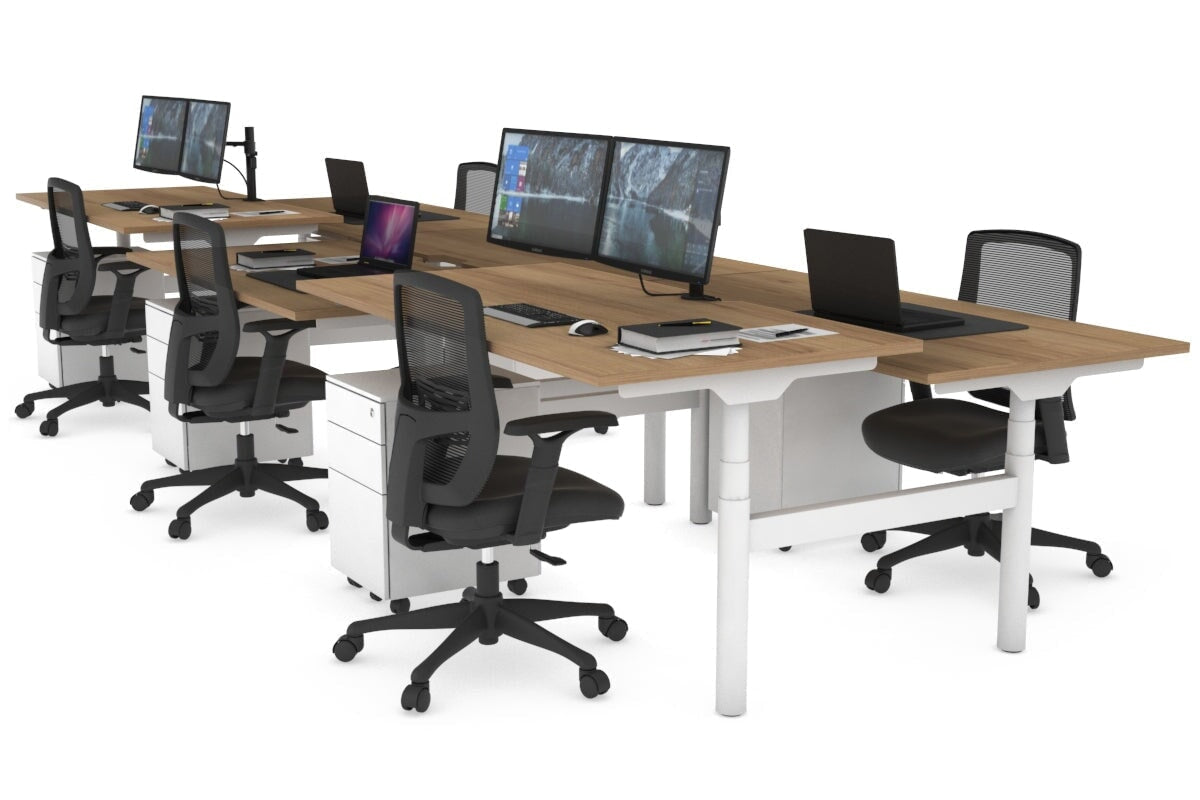 Flexi Premium Height Adjustable 6-Person Office Workbench | White Frame H-Shaped Desk [1400L x 800W with Cable Management] for Collaborative Workspaces & Open Office Environments