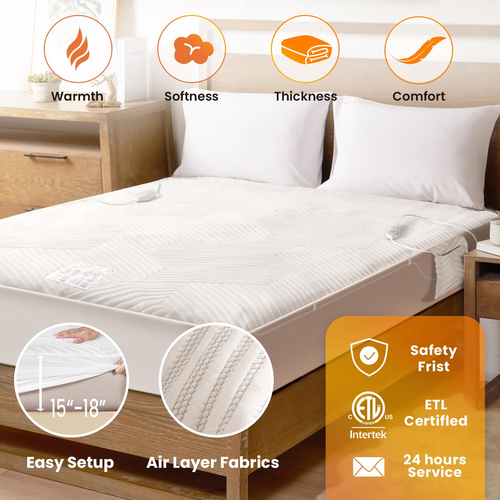 Electric Heated Mattress Pad King Size - Dual Control Bed Warmer with Deep Pocket & Side Storage Pouch - 3D Air Layer Fabric - Machine Washable - 78