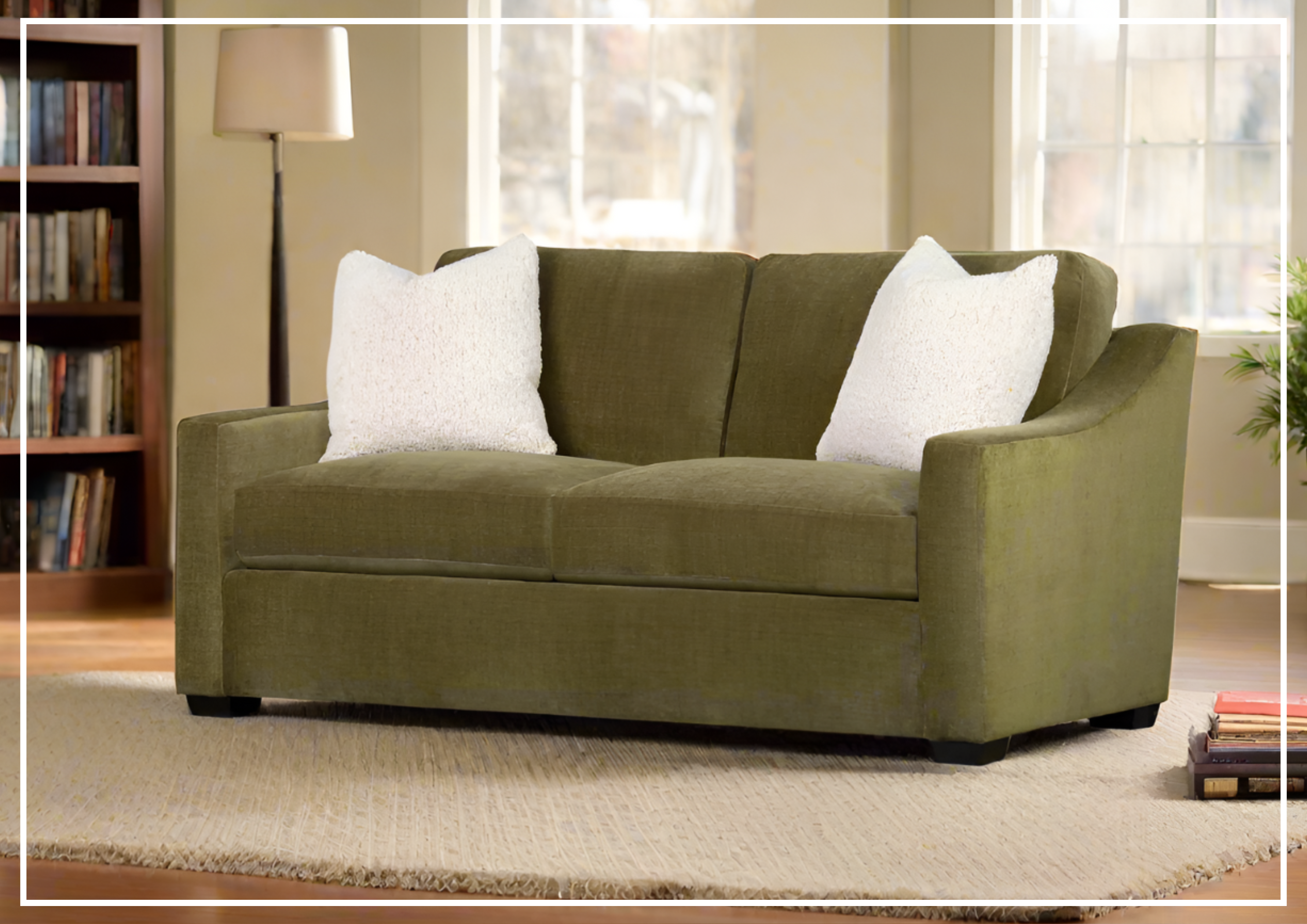 Klaussner Kavon Olive Green Fabric Sofa with Slope Arms - Modern Living Room Furniture for Comfortable Relaxation & Home Decor