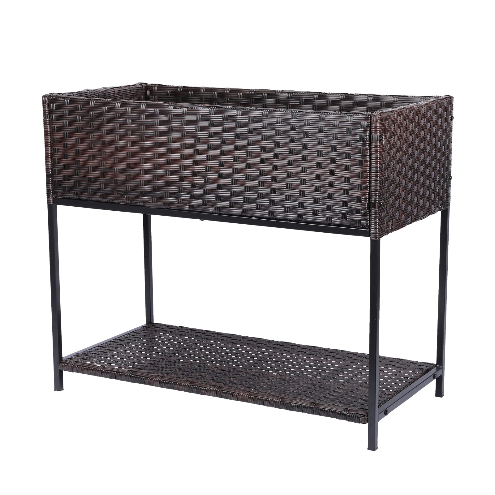 Elevated Rattan Raised Garden Bed with Underneath Tool Storage - Outdoor Planter Box for Herbs, Vegetables & Flowers - Perfect for Patio, Balcony & Backyard Gardening