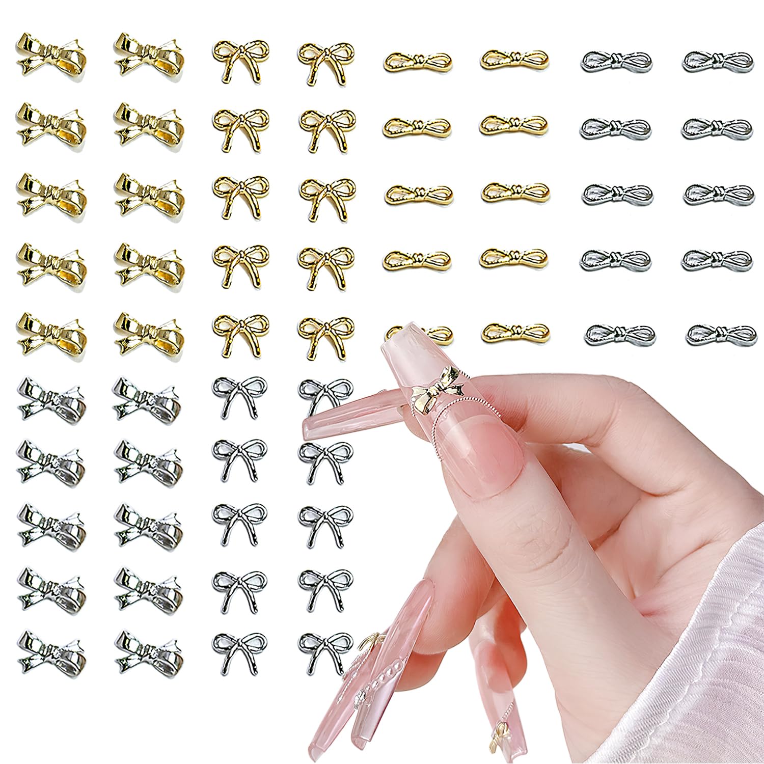 60 Pcs 3D Bowknot Nail Art Charms - Gold & Silver Alloy Bow Tie Nail Decorations, Cute Metal Nail Jewelry with 3D Butterfly Knot Designs for DIY Nail Art, Manicure & Pedicure Decoration - Perfect for Parties, Weddings and Special Occasions