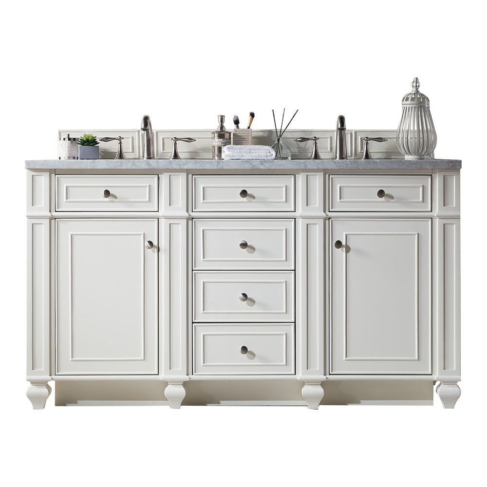 Bristol 60 Inch Double Bathroom Vanity Set with Carrara Marble Top - Bright White Finish for Modern Master Bathroom & Guest Bath Remodel