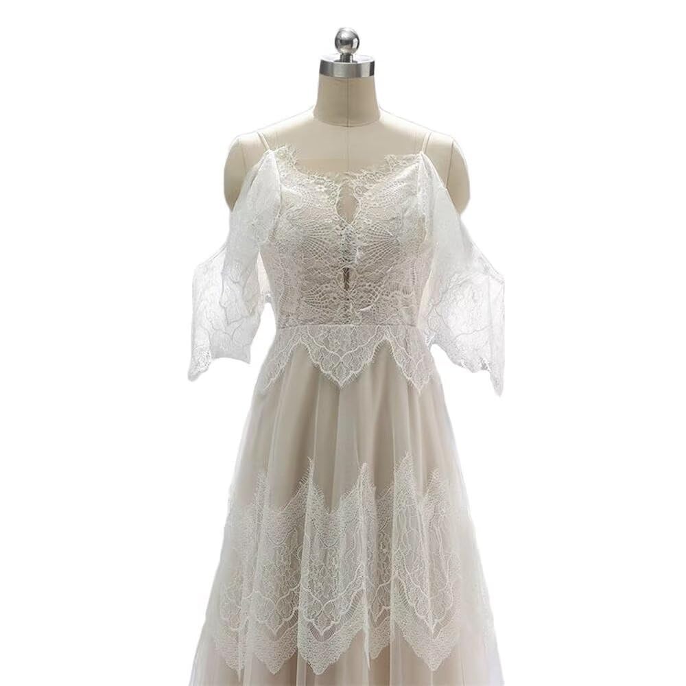 Boho Lace Wedding Dress with Sleeves & Spaghetti Straps - Elegant Bridal Gown for Beach, Garden & Vintage Weddings