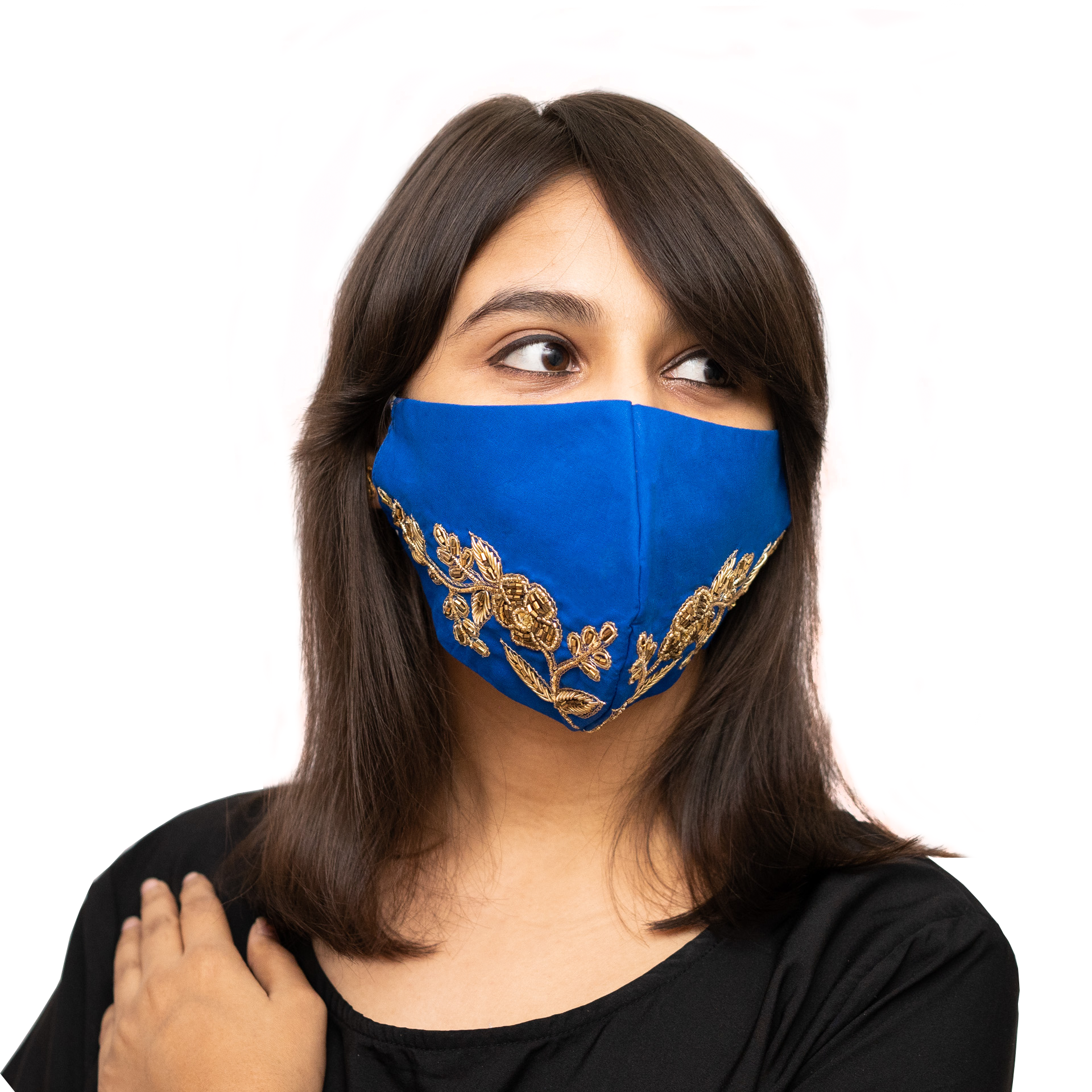 Royal Blue Cotton Face Mask with Petal Textured Embroidery - Breathable & Stylish for Daily Wear, Outdoor Activities & Travel