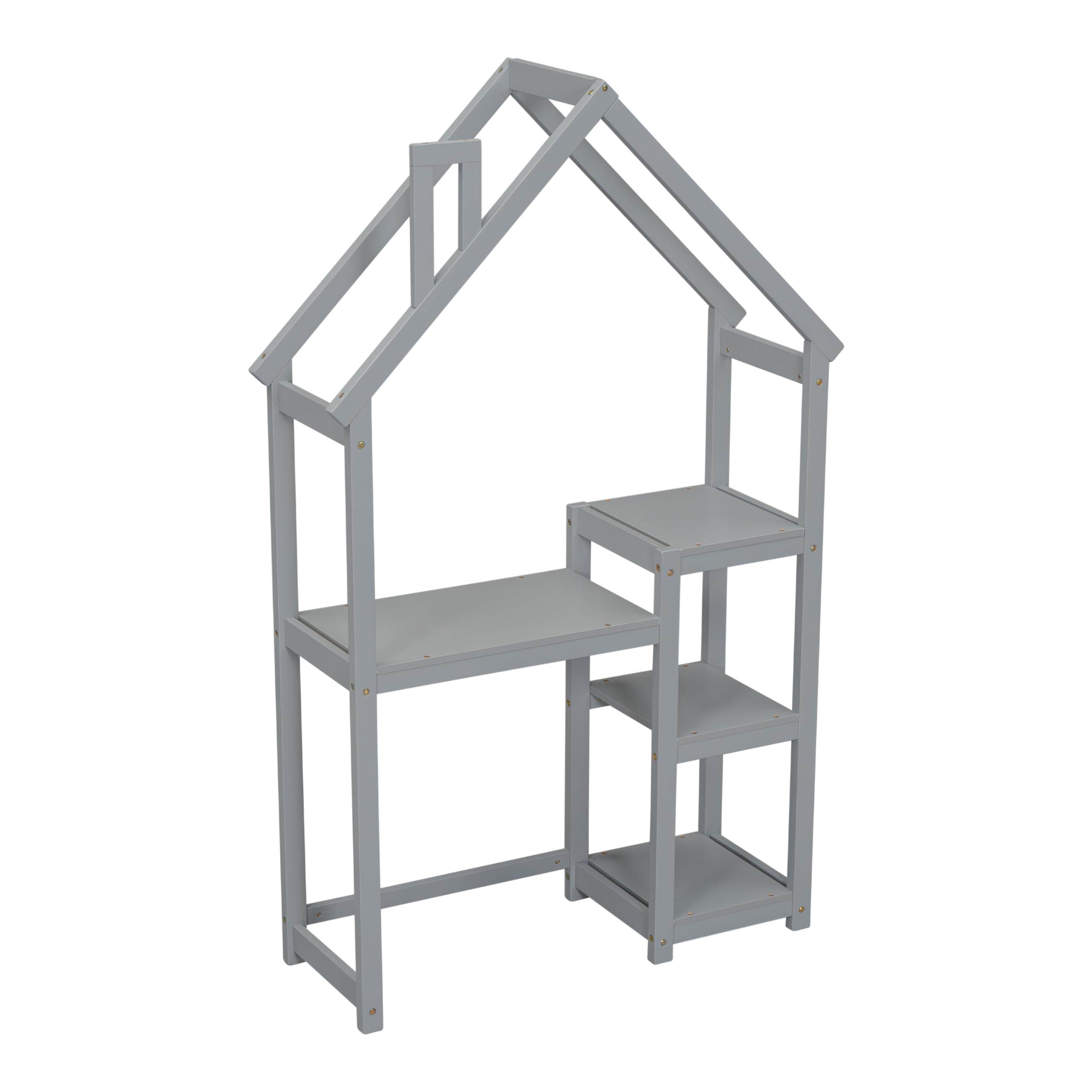 Kids Wooden House-Shaped Writing Desk - Multi-Functional Study Table with 3-Tier Storage Shelves, Open Bookshelf & Toy Organizer - Stylish Grey Roof Design for Bedroom, Playroom or Homeschooling