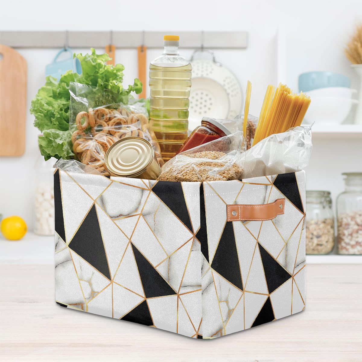 Modern Geometric Pattern Foldable Fabric Storage Bins - 2 Pack White & Black Marble Cube Organizers for Closet, Shelves & Home Decor | Space-Saving Storage Solution for Bedroom, Bathroom & Office Organization
