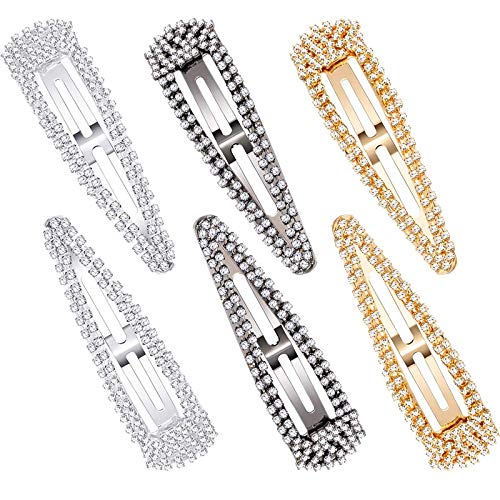 WATFOERS 6 Pack 3 Inch Rhinestone Snap Hair Clips - Metal Hair Barrettes for Women & Girls - Wedding, Prom, Party Hair Accessories (Black, Silver, Gold) - Perfect for Bridal, Formal Events & Everyday Styling