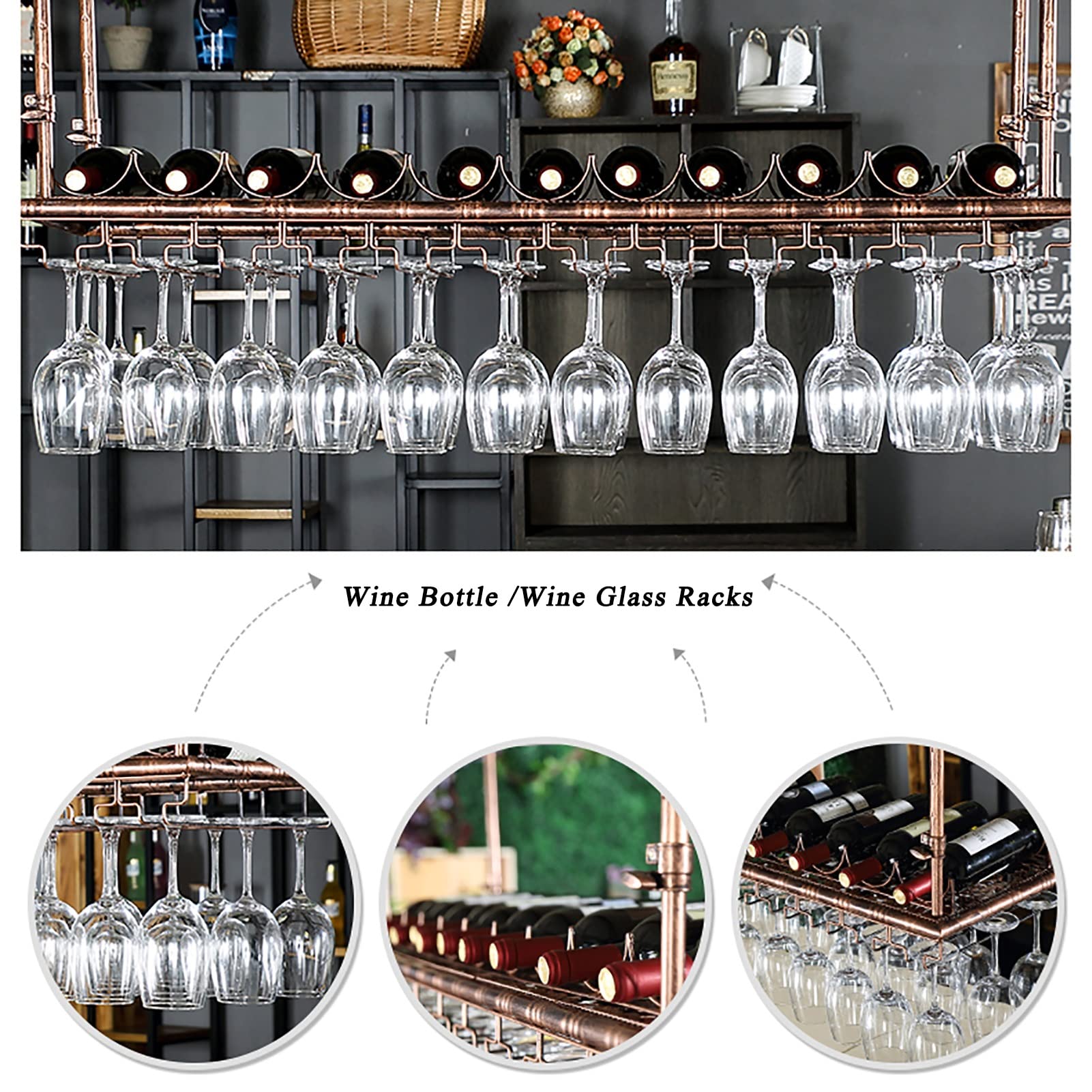 Vintage Metal Ceiling Hanging Wine Rack Organizer - 80x35cm Multifunctional Wine Bottle Storage Shelf with Stemware Glass Goblets Holder - Perfect for Kitchen, Bar, Restaurant & Wine Cellar Display