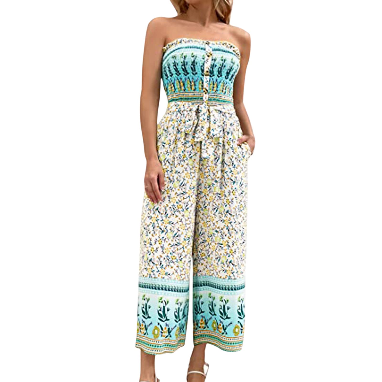 Women's Casual Sleeveless Jumpsuit - Bohemian Wide Leg Romper with Pockets & Adjustable Belt | Perfect for Summer Outfits, Beach Vacations, and Boho Chic Fashion