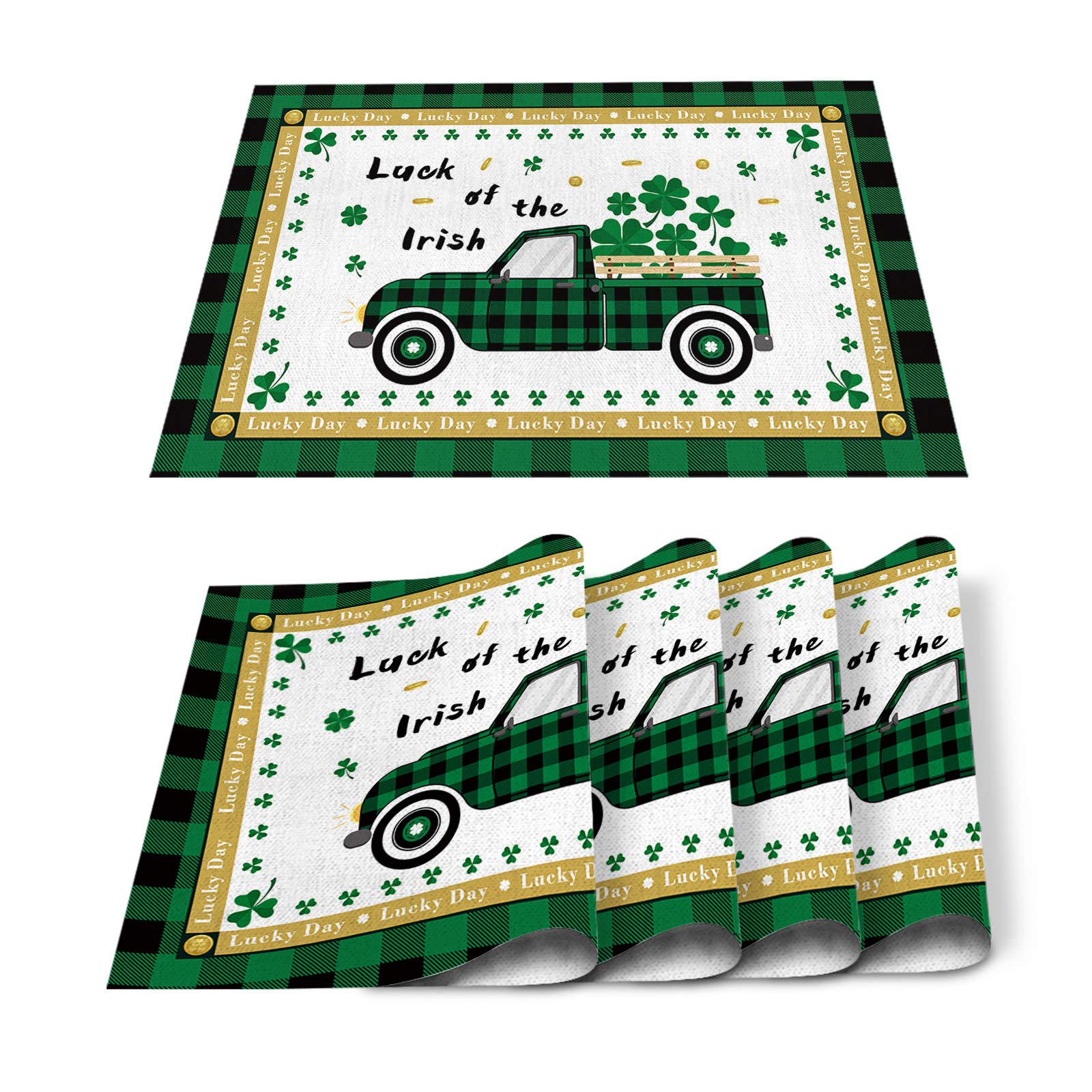 Stylish Green Plaid Truck with Lucky Clovers St. Patrick's Day Placemats - Set of 4, Thermal Insulated & Non-Slip Washable Dining Table Mats for Kitchen Decor, Perfect for Holiday Parties & Everyday Use