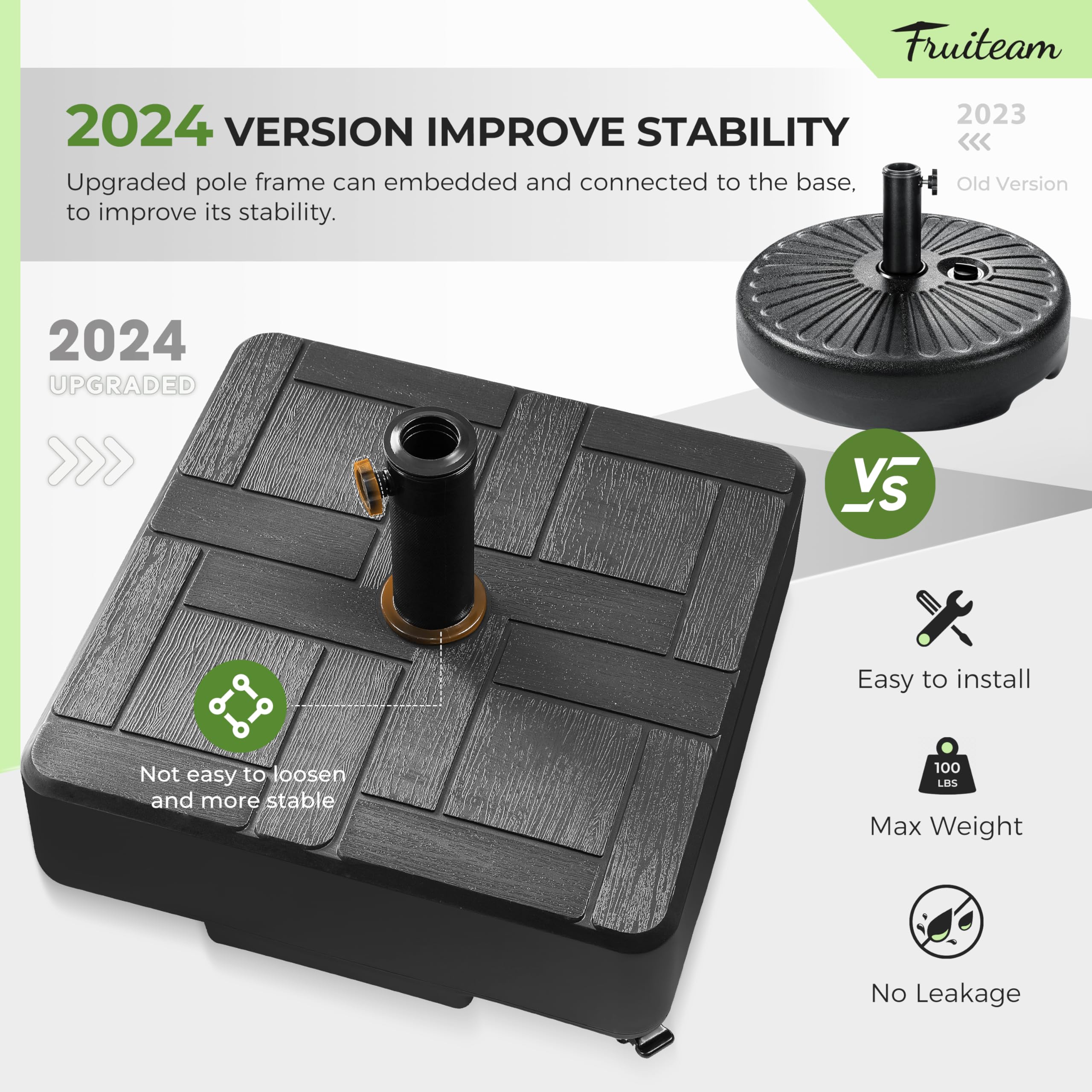 FRUITEAM 155lb Heavy Duty Fillable Portable Umbrella Base with 4 Wheels - Wind-Resistant Square Market Stand for Patio, Deck & Outdoor Use - Includes 2 Locks & 1 Knob - Perfect for Commercial Events, Backyard BBQs and Beach Parties