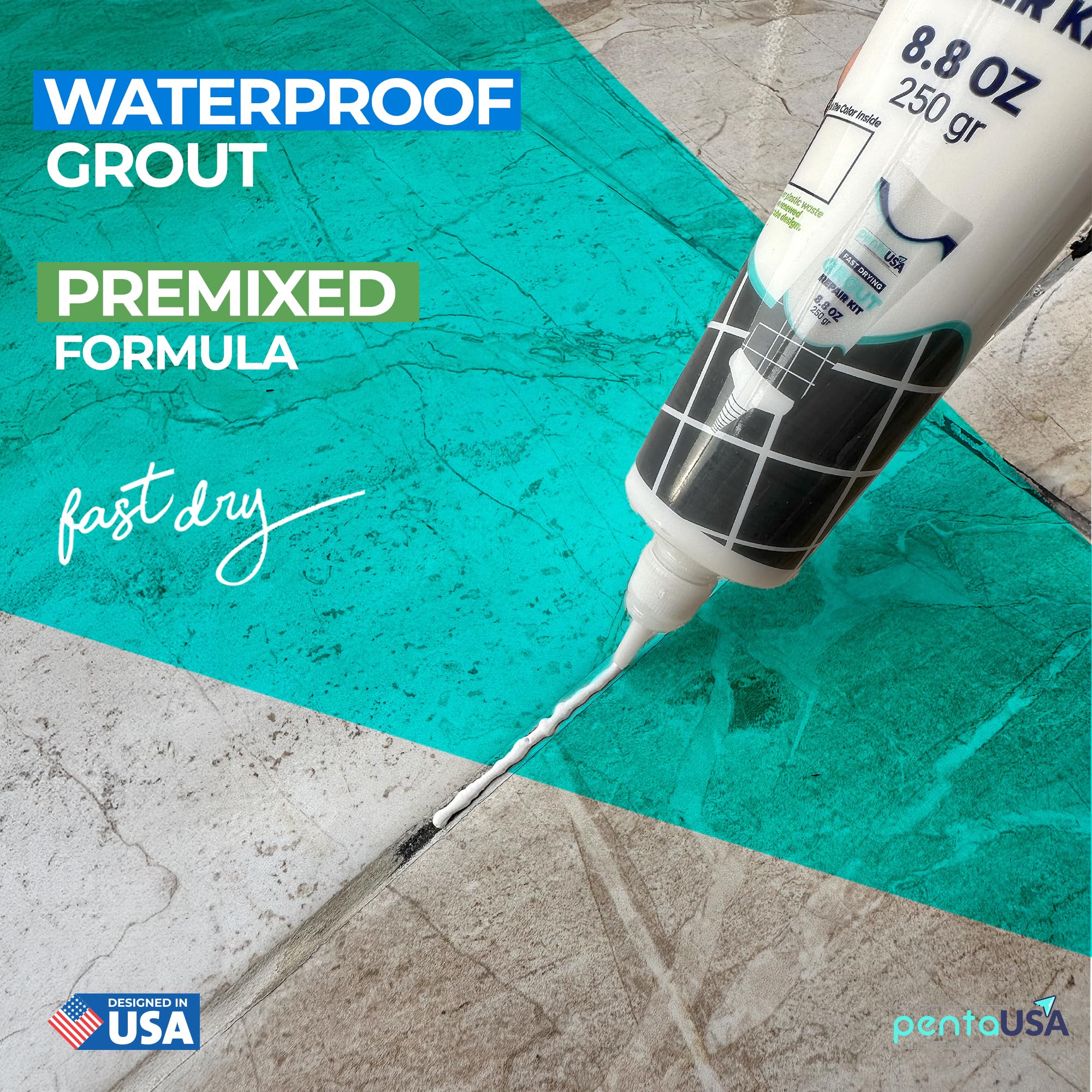 PentaUSA Premixed Grout Repair Kit - 8.8 oz Tile Grout Tubes (2 Pack) - Odorless & Safe Formula for Bathroom, Kitchen & Shower Tile Restoration - Perfect for Cracked Grout Repair & DIY Home Renovation Projects (White)