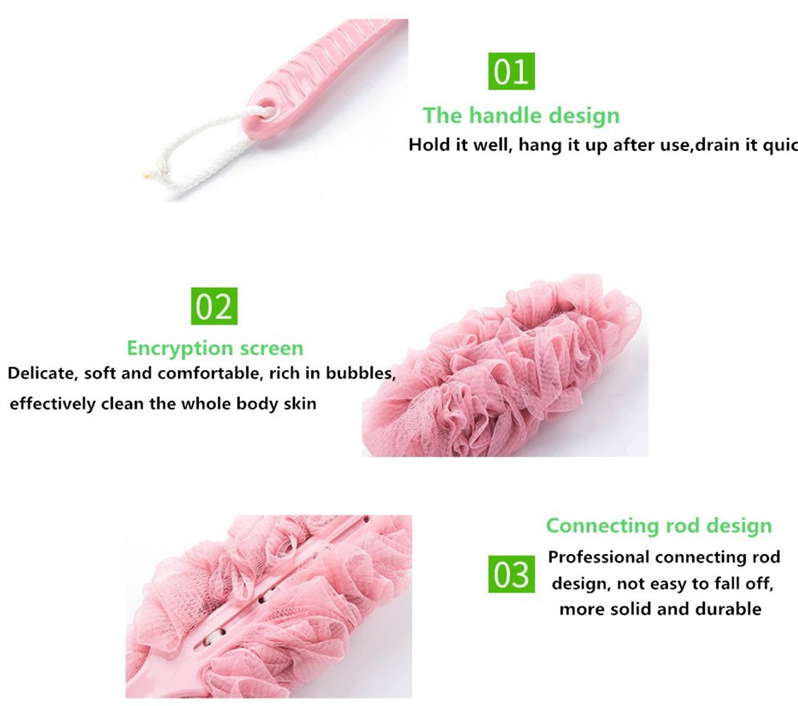 3 Pack Long Handle Bath Brush with Nylon Mesh - Exfoliating Body Back Scrubber for Men & Women - Soft Shower Brush in Blue, Pink & White - Perfect for Deep Cleansing & Skin Renewal in Bath or Shower