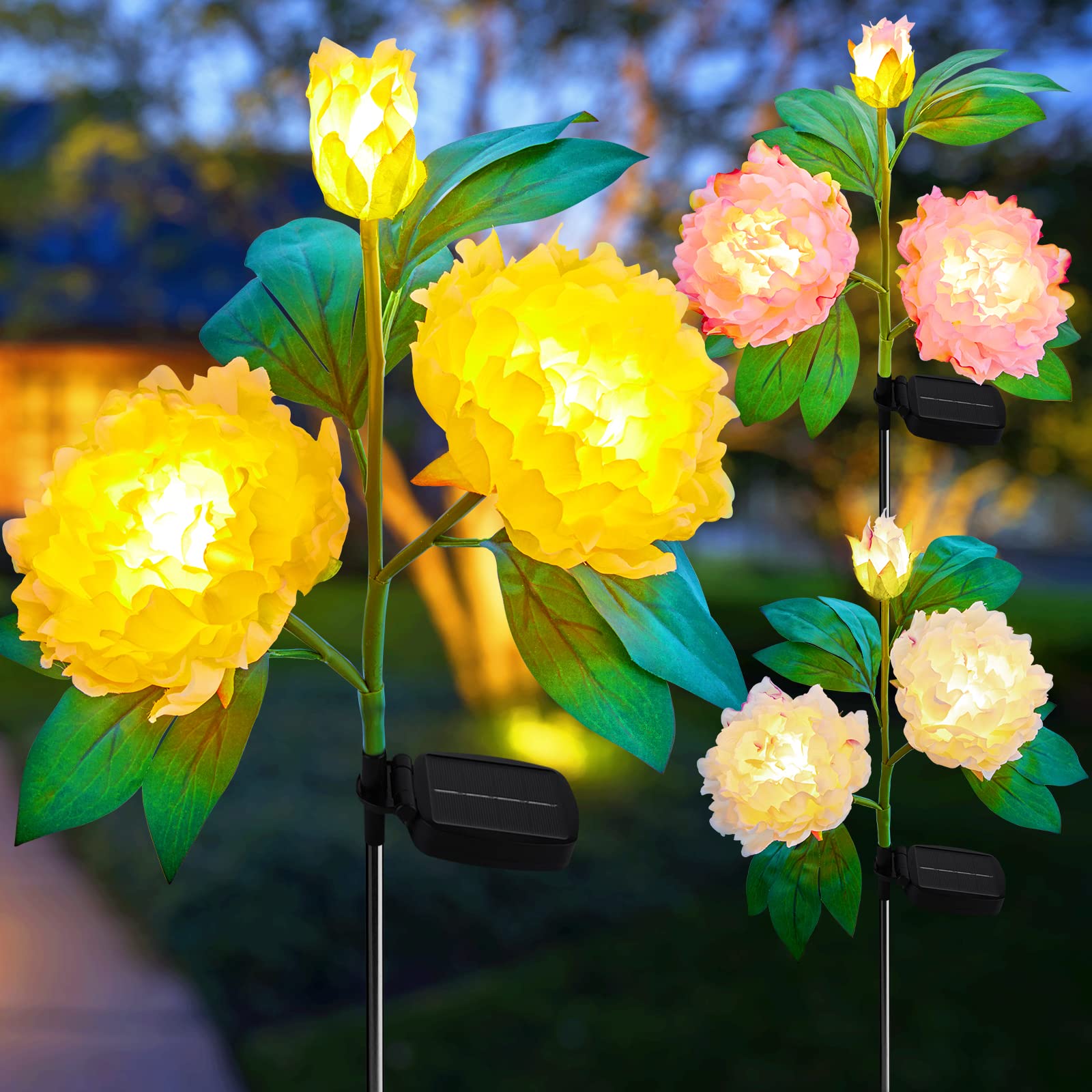 Outdoor Solar Flower Lights - 3 Pack Waterproof LED Solar Garden Lights with Large Realistic Peony Design, Big Solar Panel for Yard, Lawn, Pathway Decoration | Perfect for Patio, Backyard, Wedding & Landscape Lighting