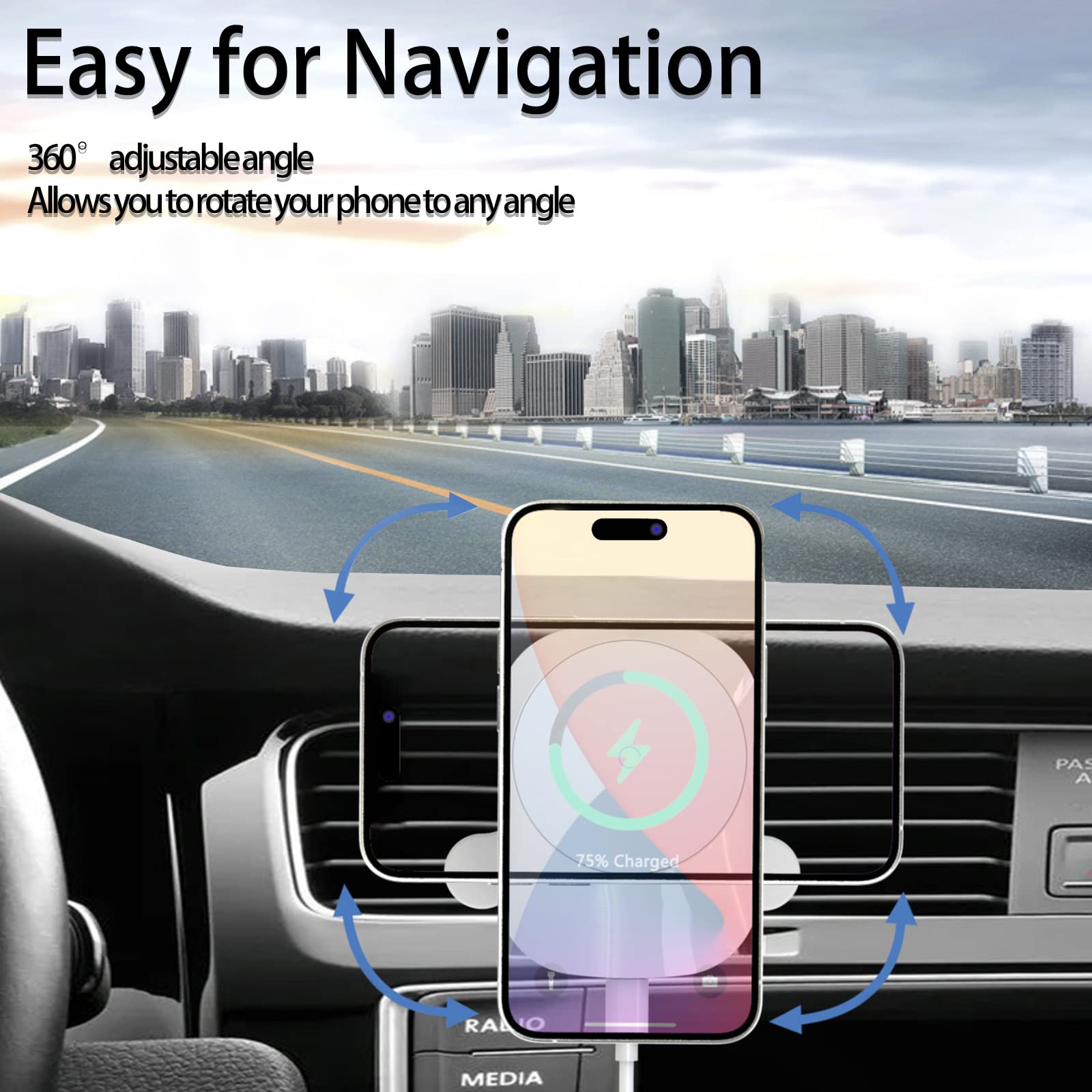 Magnetic Wireless Car Charger 15W Fast Charging - MagSafe Compatible Car Mount Holder for iPhone 14/13/12 Series - 360° Adjustable Air Vent Stand (White) | Perfect for Commuting, Road Trips & Hands-Free Navigation