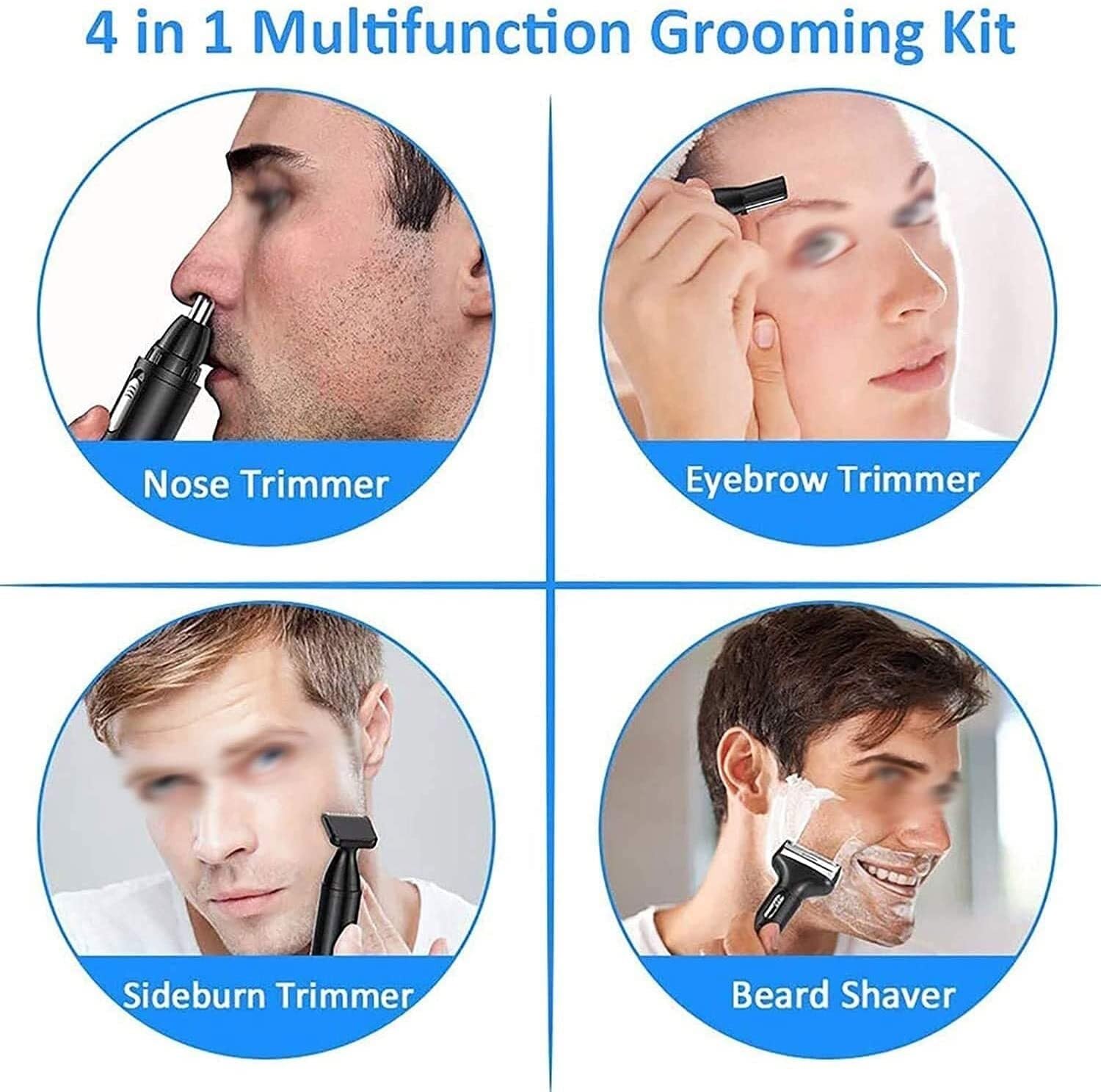 4-in-1 USB Rechargeable Nose & Ear Hair Trimmer with Waterproof Dual Edge Blades - Portable Grooming Kit for Men - Perfect for Travel, Home & Office Use - Black