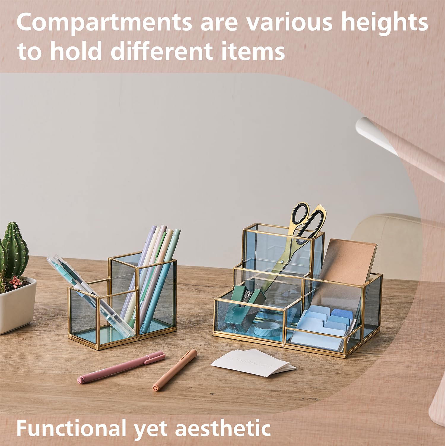 Elegant Gold & Blue Glass Desk Organizer - 5-Compartment Pen Holder, Makeup Brush & Skincare Storage, Stylish Office & Vanity Accessories for Women | Perfect for Home Office, Makeup Vanity & Desk Organization