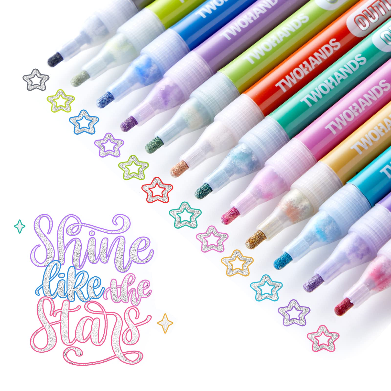 TwoHands Outline Markers Set - 12 Vibrant Glitter & Metallic Pens for Drawing, Coloring, Calligraphy - Perfect for Art Projects, Scrapbooking, Greeting Cards & DIY Crafts