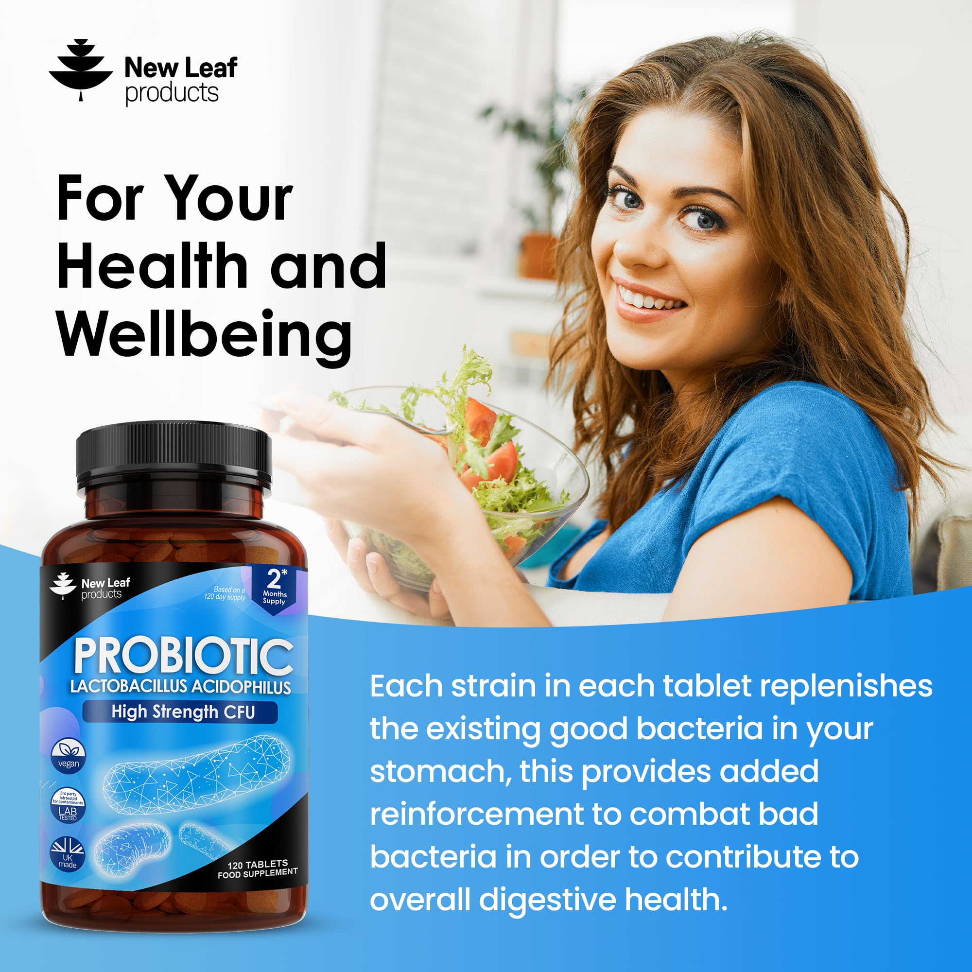 High Strength Acidophilus Probiotic Tablets for Digestive & Gut Health - Vegan, GMO-Free, Gluten-Free, Lactobacillus Probiotic Supplement - UK Made, 120 Tablets | Supports Immune System & Digestive Balance for Daily Wellness